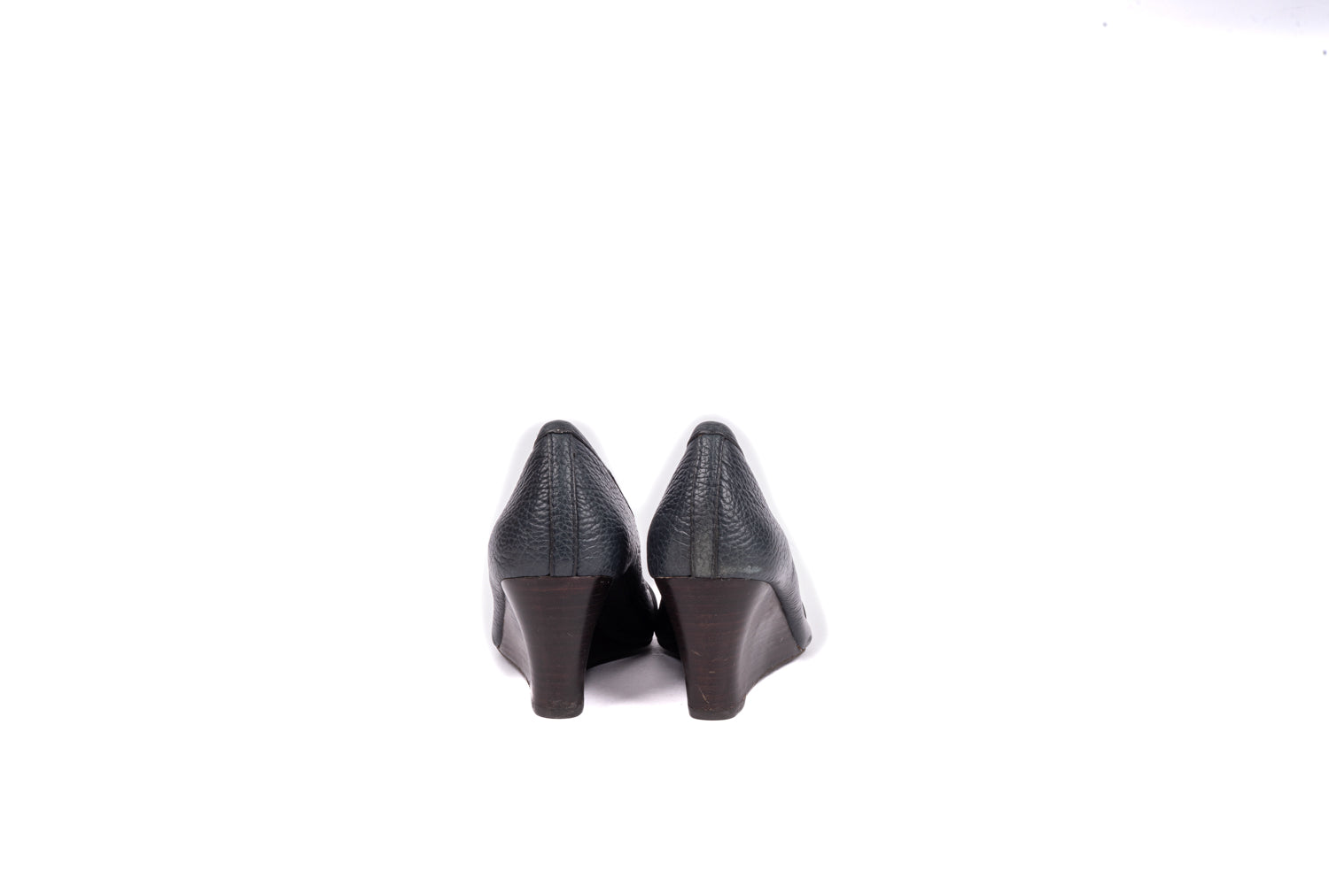 Dark Grey Leather Peep Toe Wedge Pumps