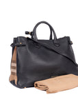 Black Leather And House Check Canvas Medium Banner Tote