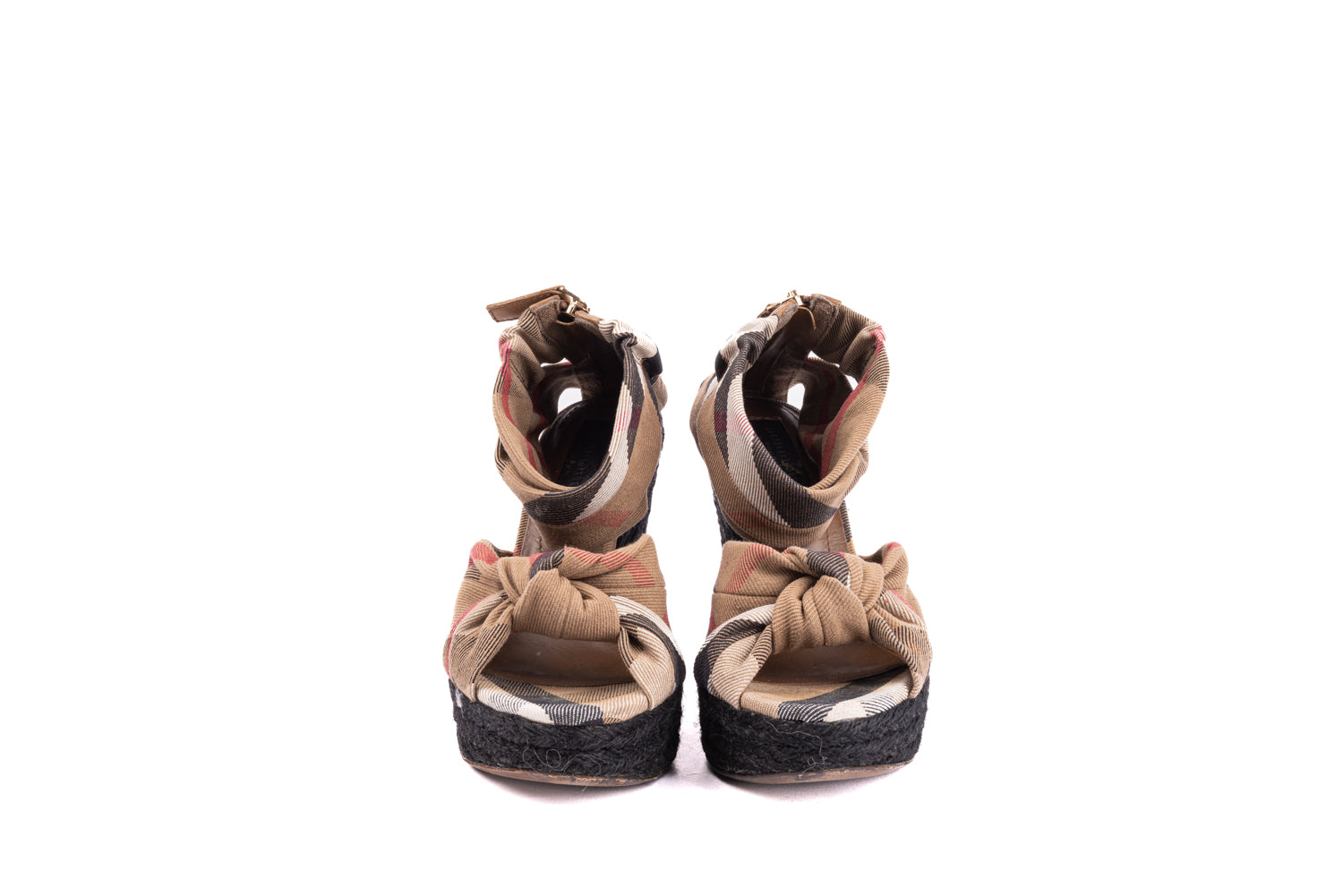 Light Brown Nova Check Canvas Ankle Strap Wedges Sandals