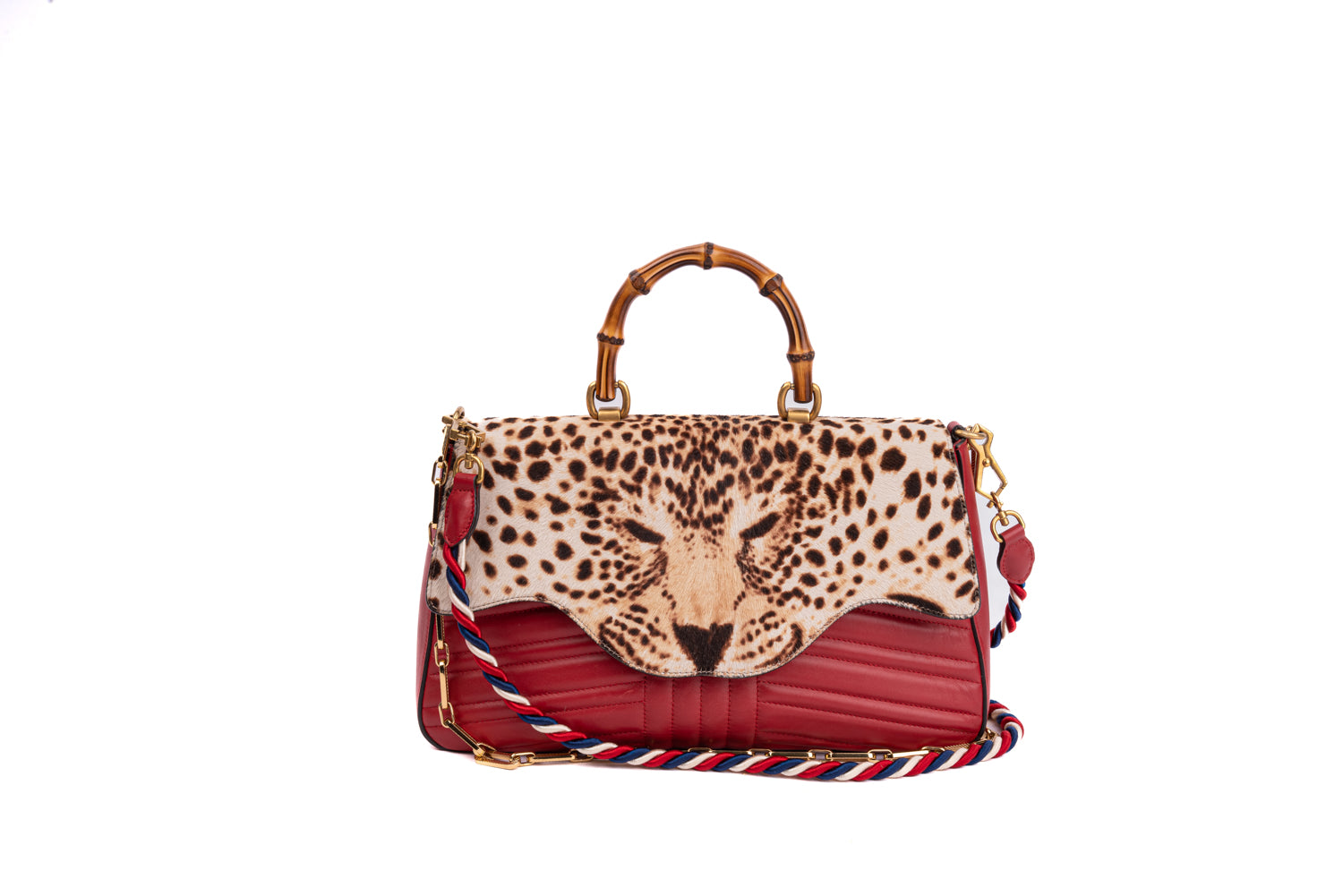 Red Quilted Leather Bamboo Leopard Top Handle Bag