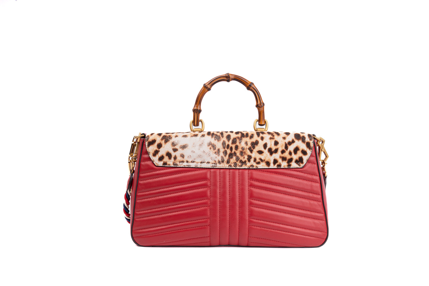 Red Quilted Leather Bamboo Leopard Top Handle Bag