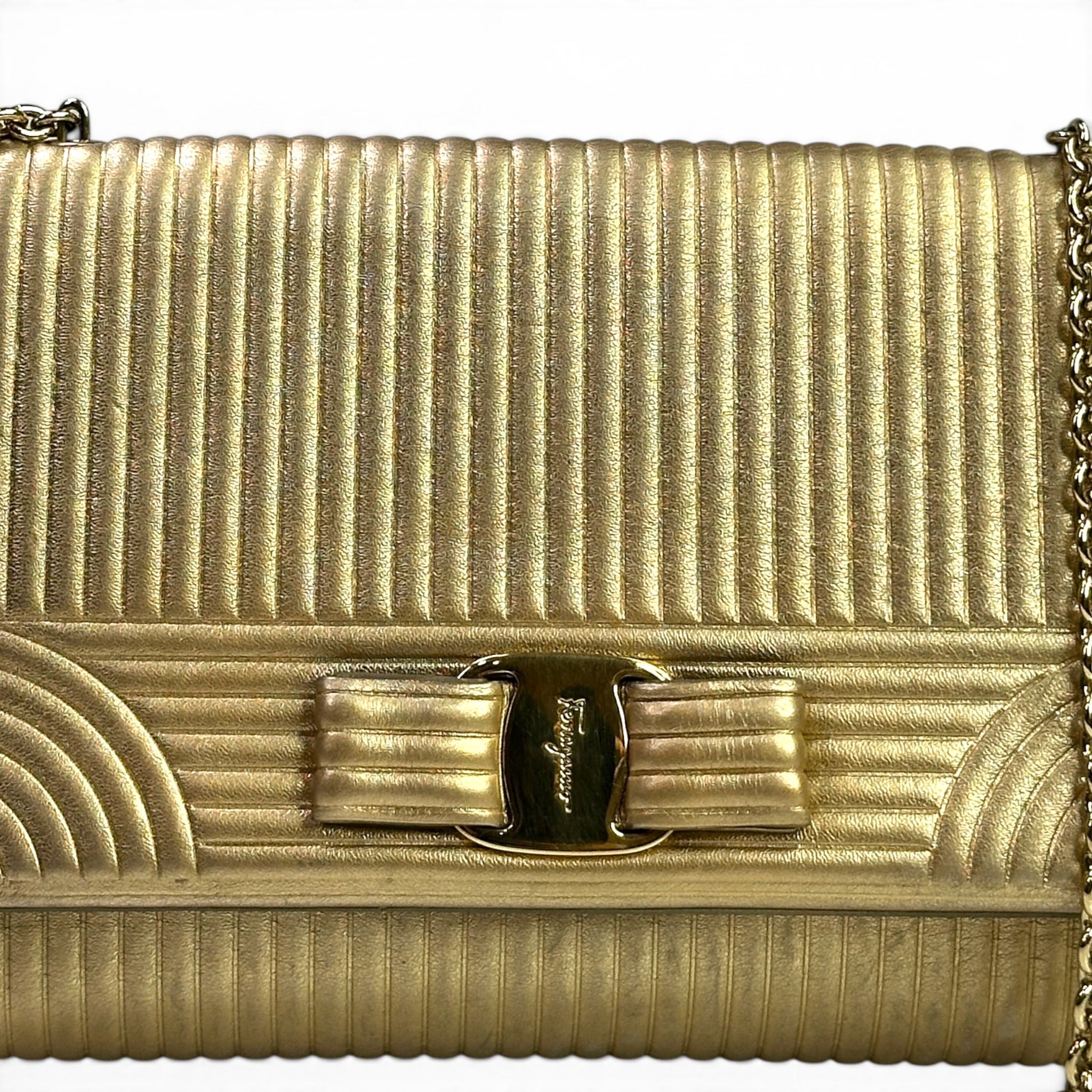 Salvatore Ferragamo Vara Bow Clutch Gold Leather