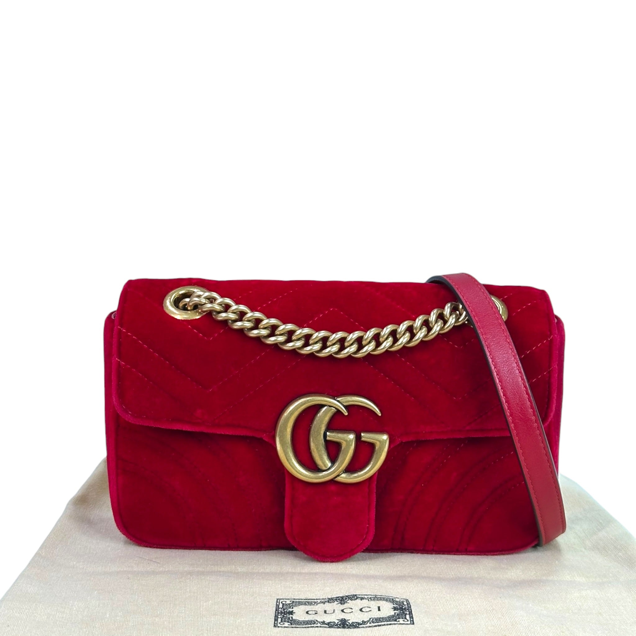 Gucci GG Marmont Mini Flap Bag Red Matelassé Velvet