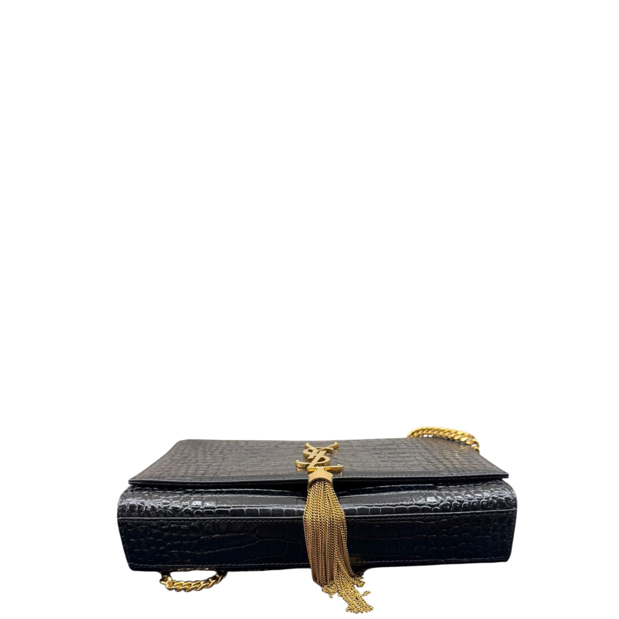 Saint Laurent Kate Tassel Shoulder Bag Medium Black Croc-Embossed Leather