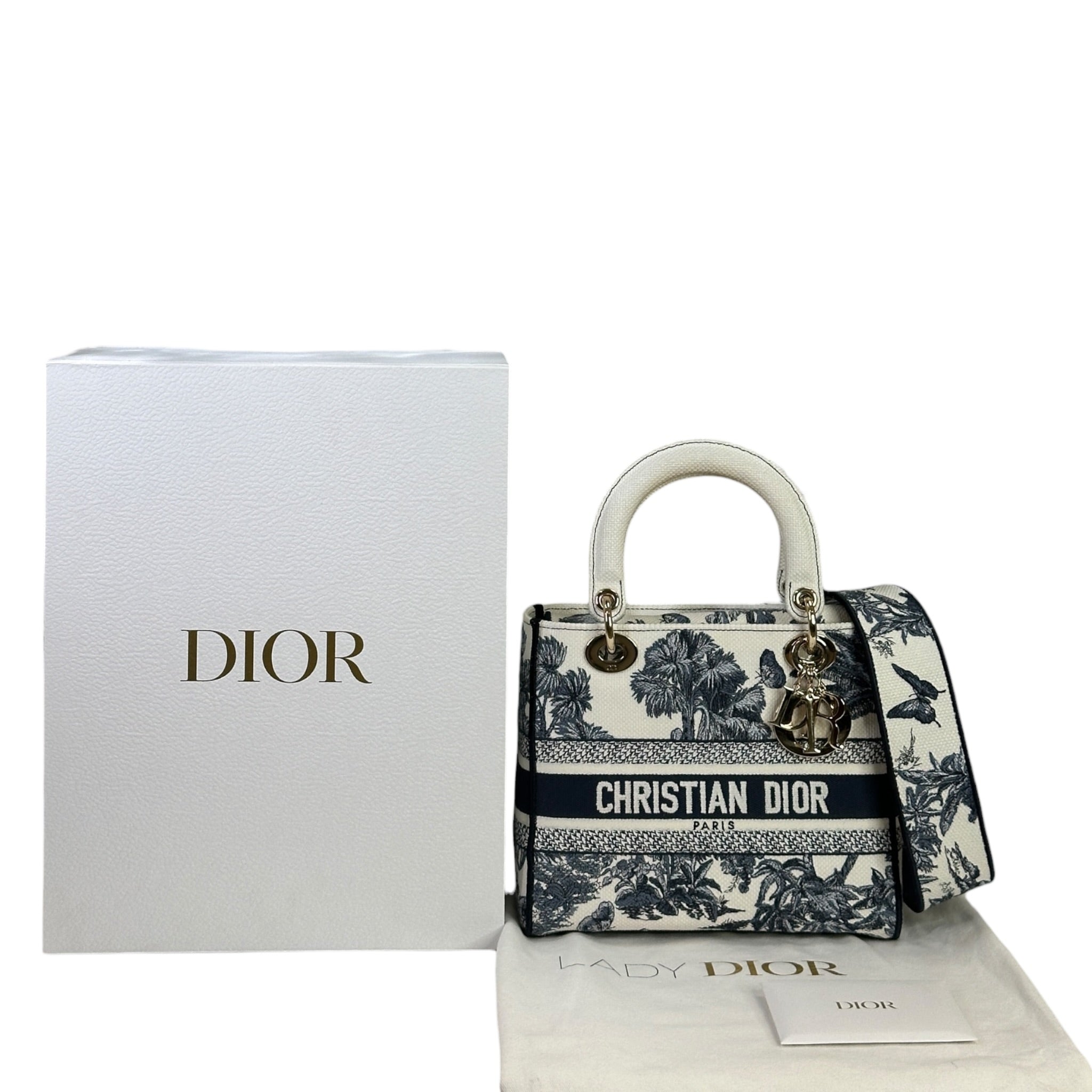 Christian Dior Lady D-Lite Bag Medium Toile de Jouy Blue White Canvas