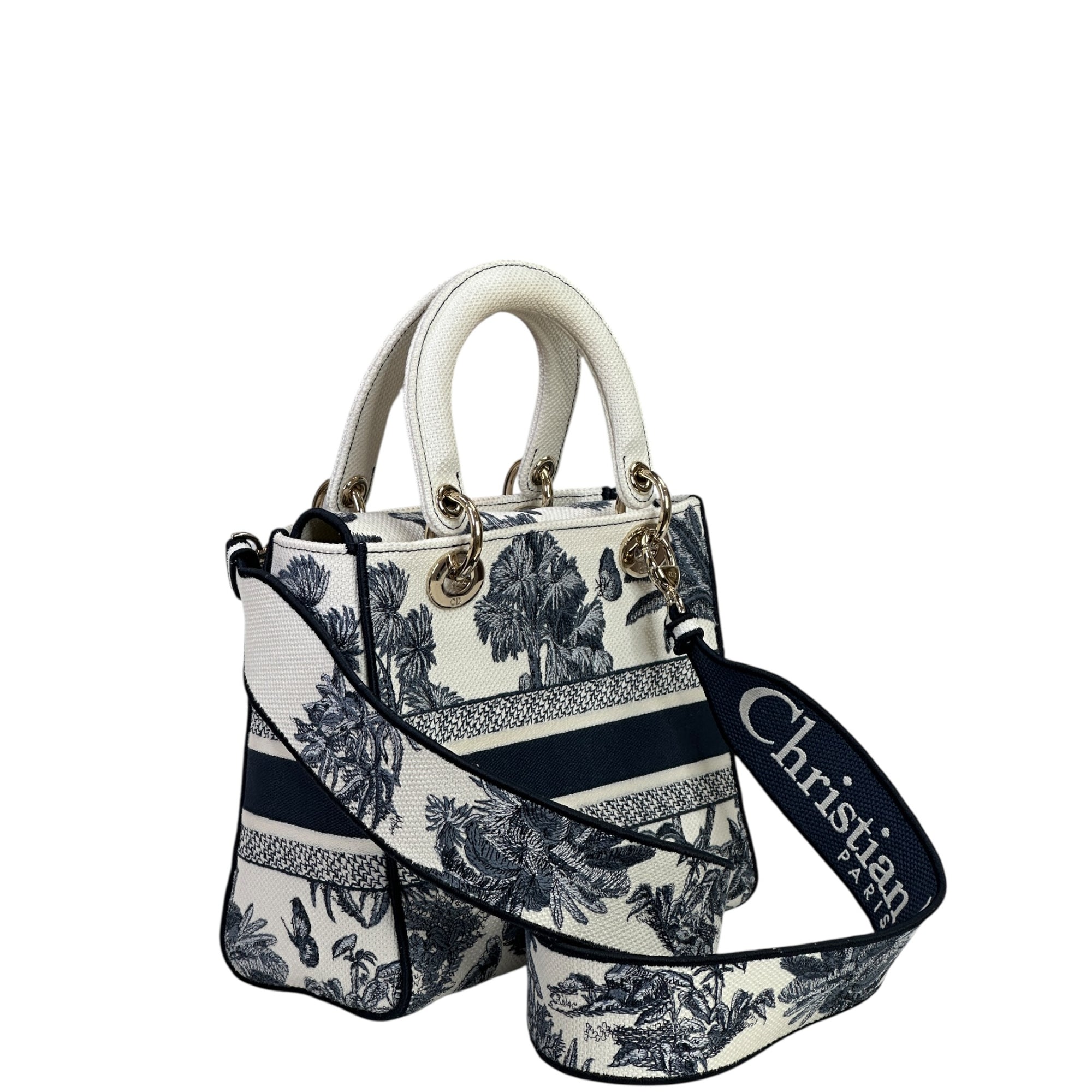 Christian Dior Lady D-Lite Bag Medium Toile de Jouy Blue White Canvas
