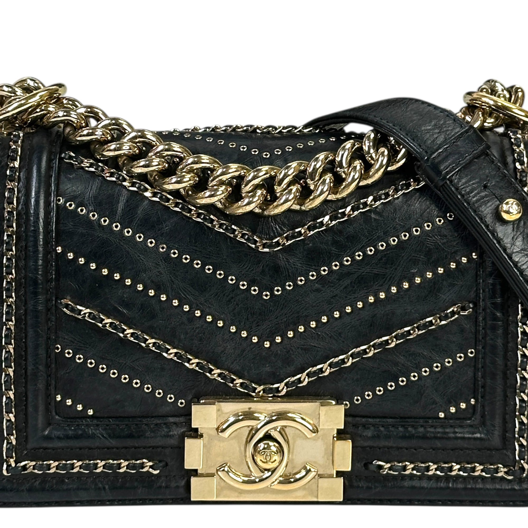 Chanel Boy Bag Small Chevron Chain Black Crumpled Calfskin