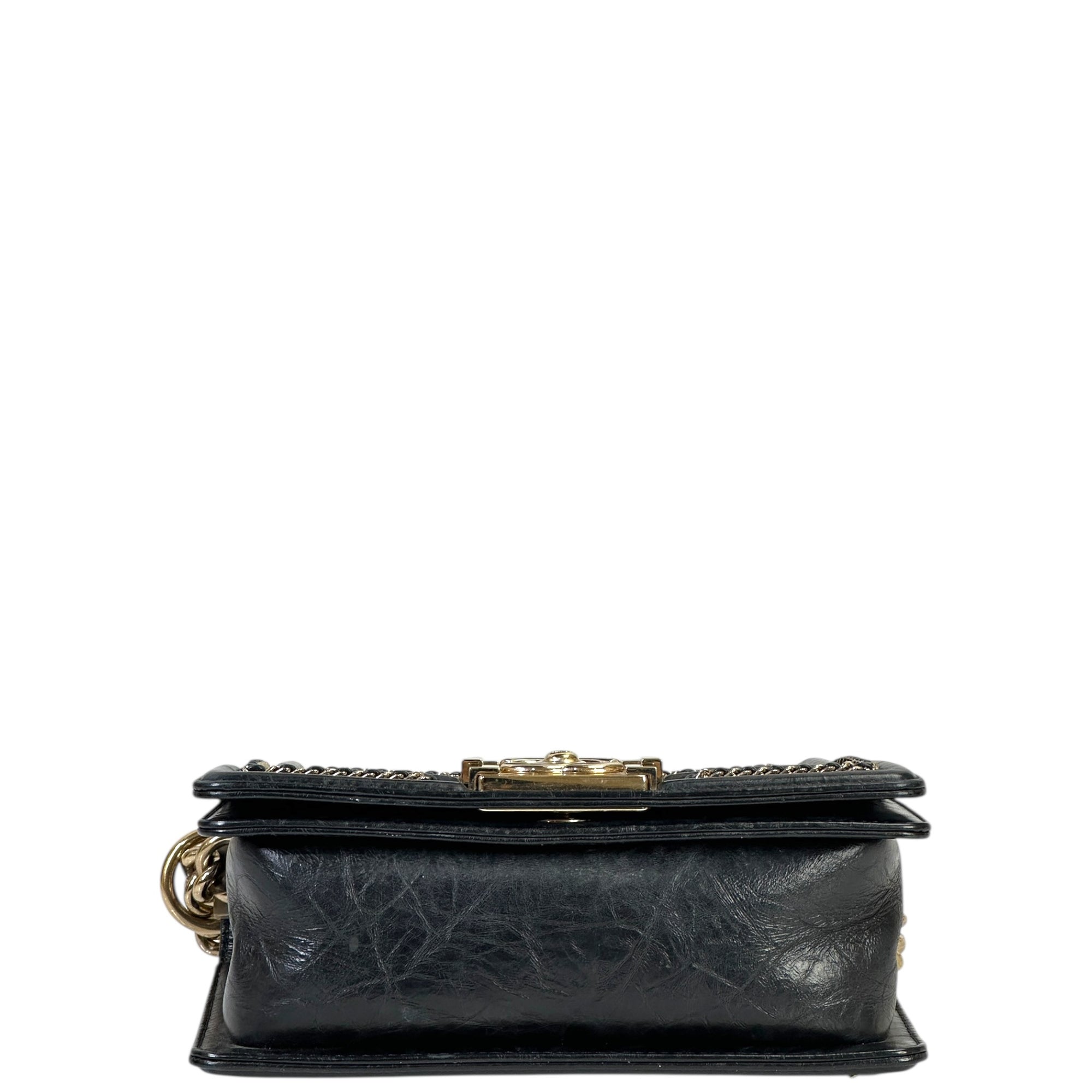 Chanel Boy Bag Small Chevron Chain Black Crumpled Calfskin