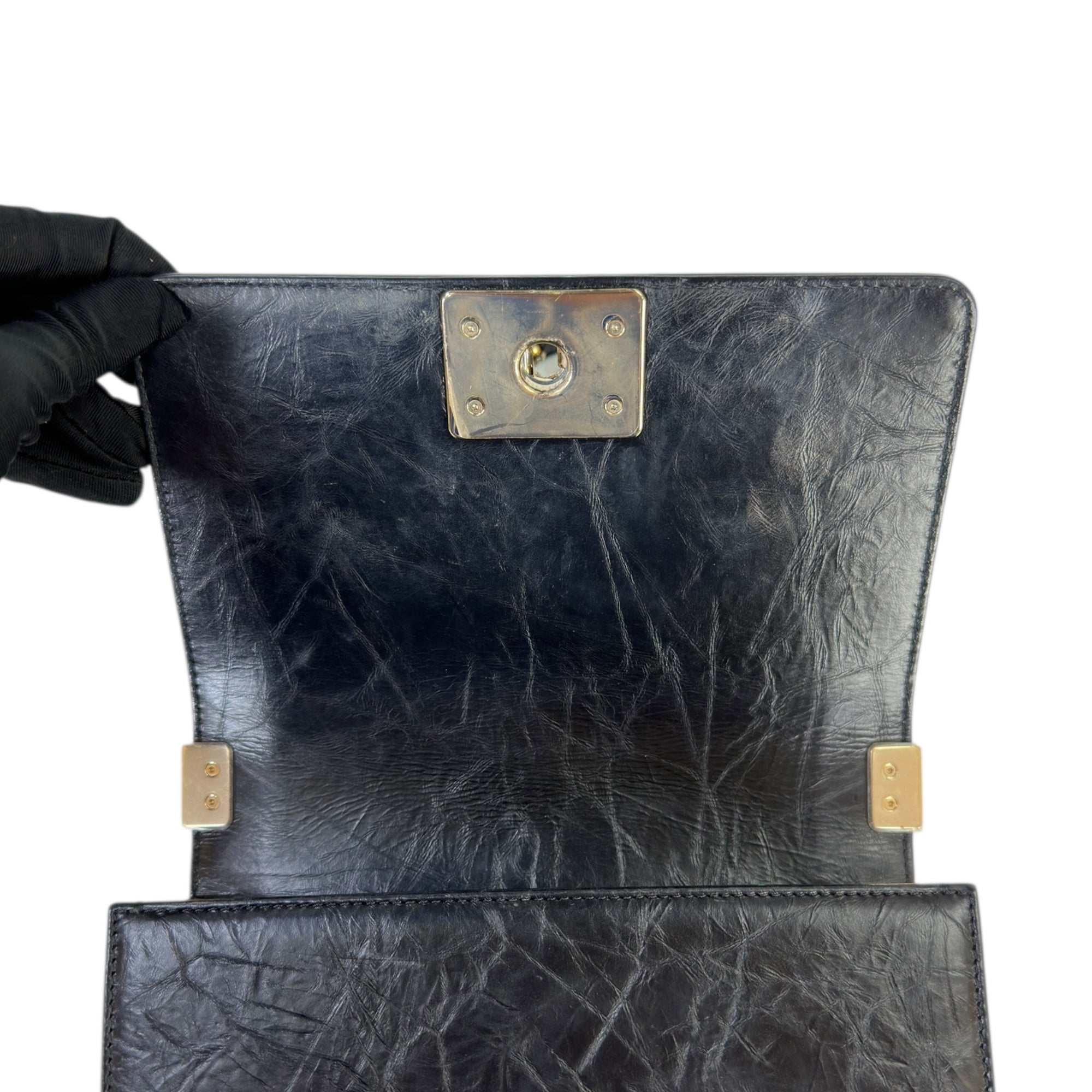 Chanel Boy Bag Small Chevron Chain Black Crumpled Calfskin