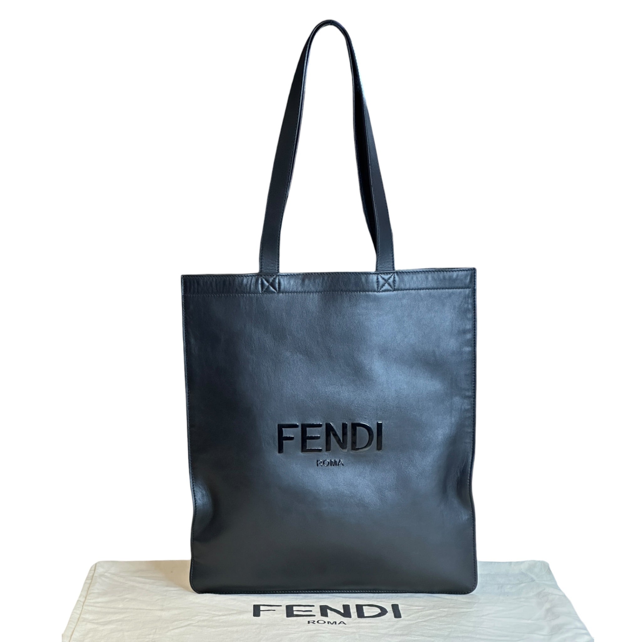 Fendi Roma Black Leather Large Shopping Tote Bag