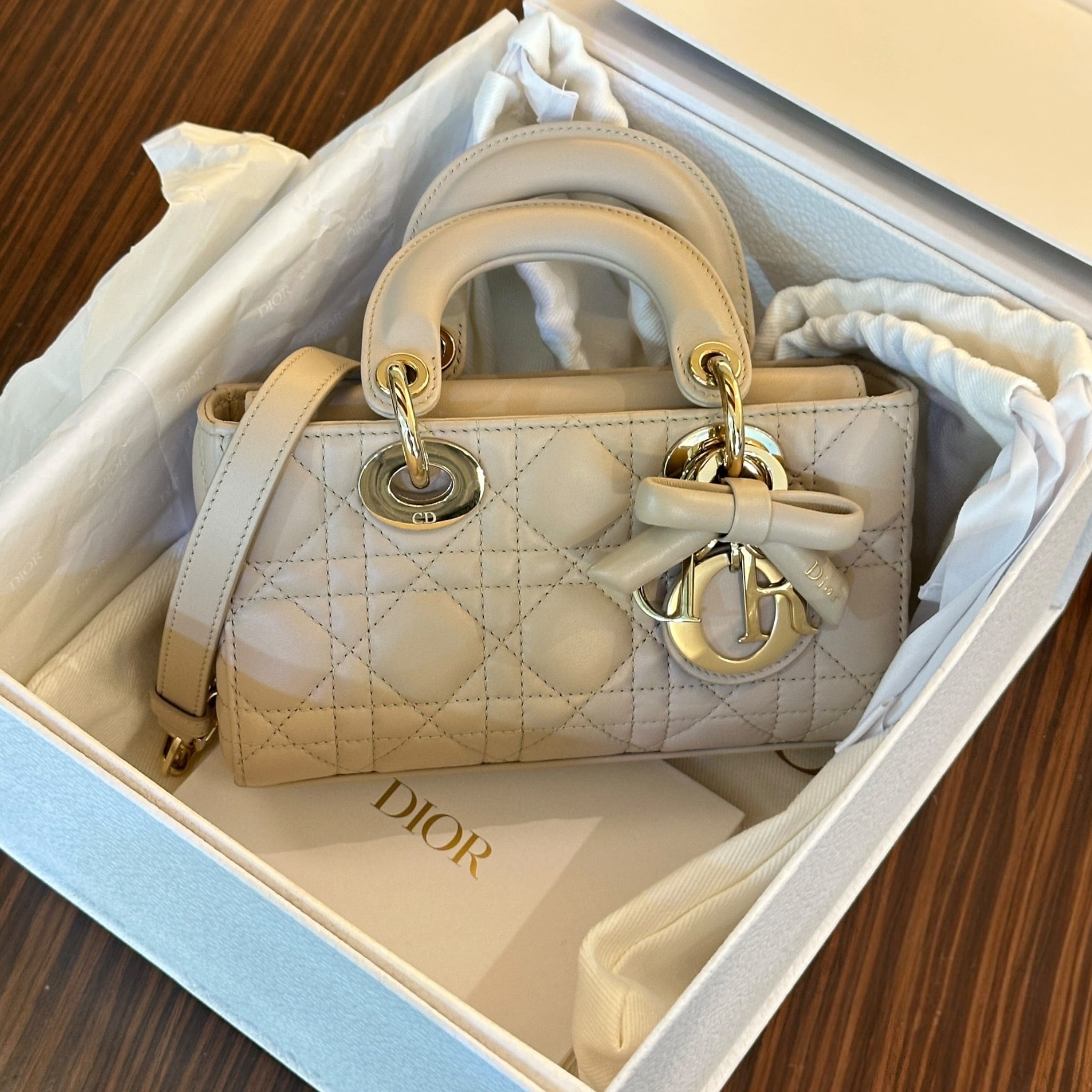 Dior Small Lady D-Joy Cannage Powder Beige Lamb Skin Bag