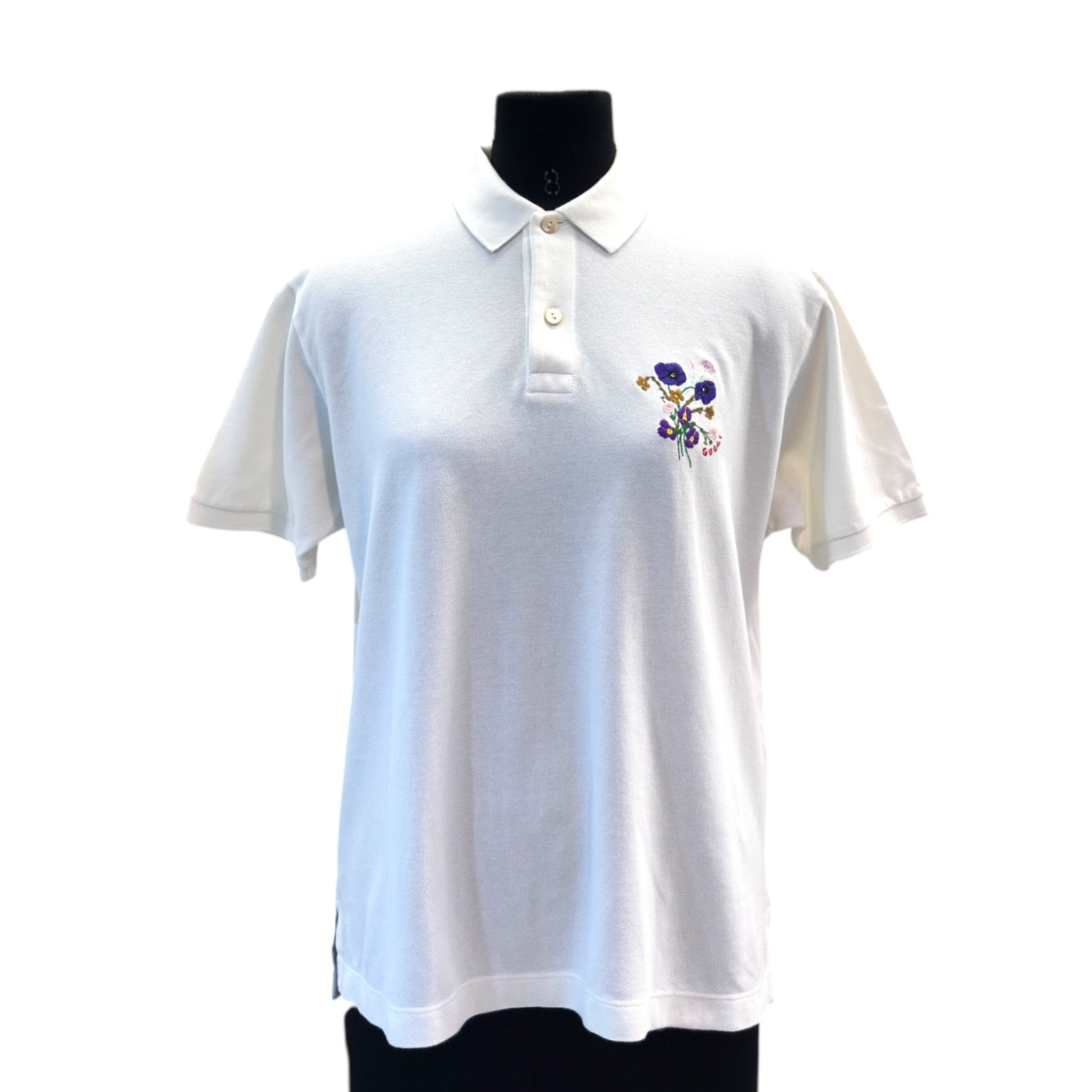 Gucci White Floral Embroidery Polo Tshirt Size : M