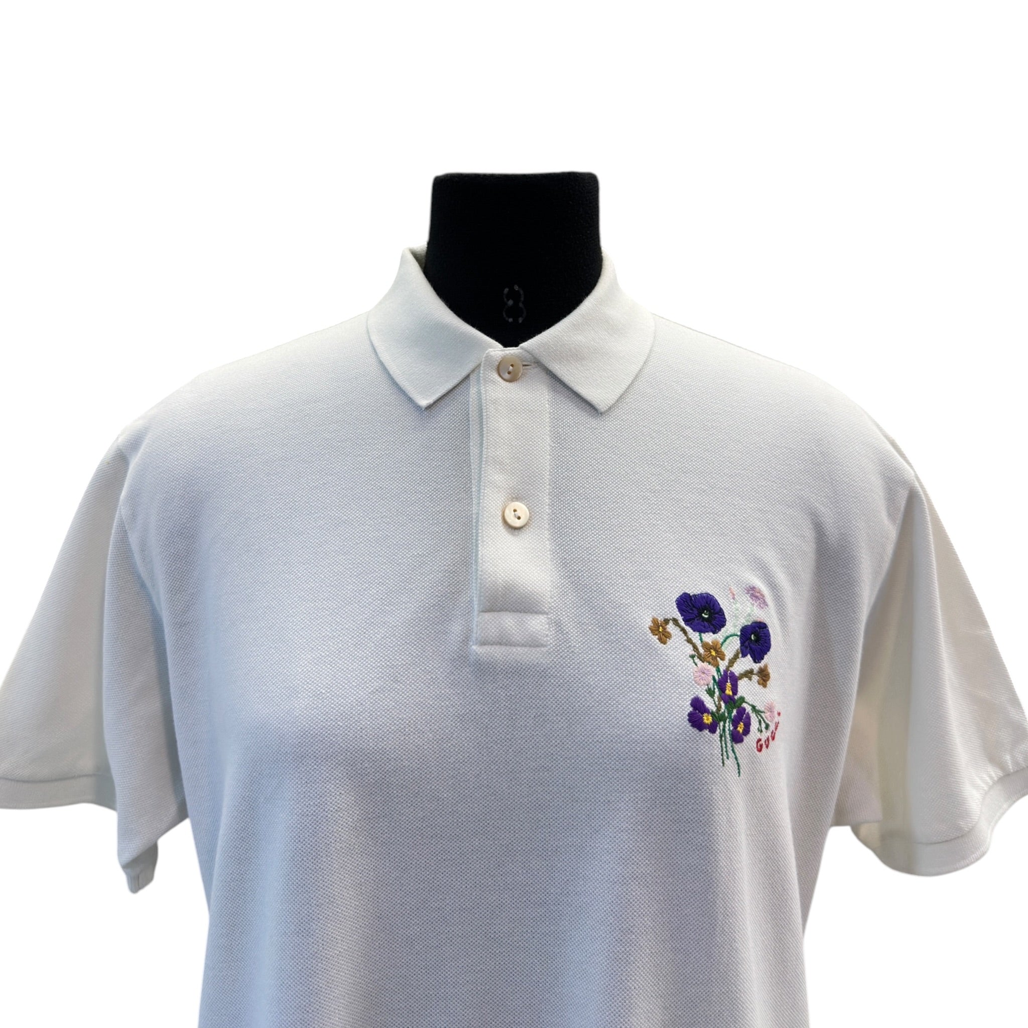 Gucci White Floral Embroidery Polo T-shirt Size : M