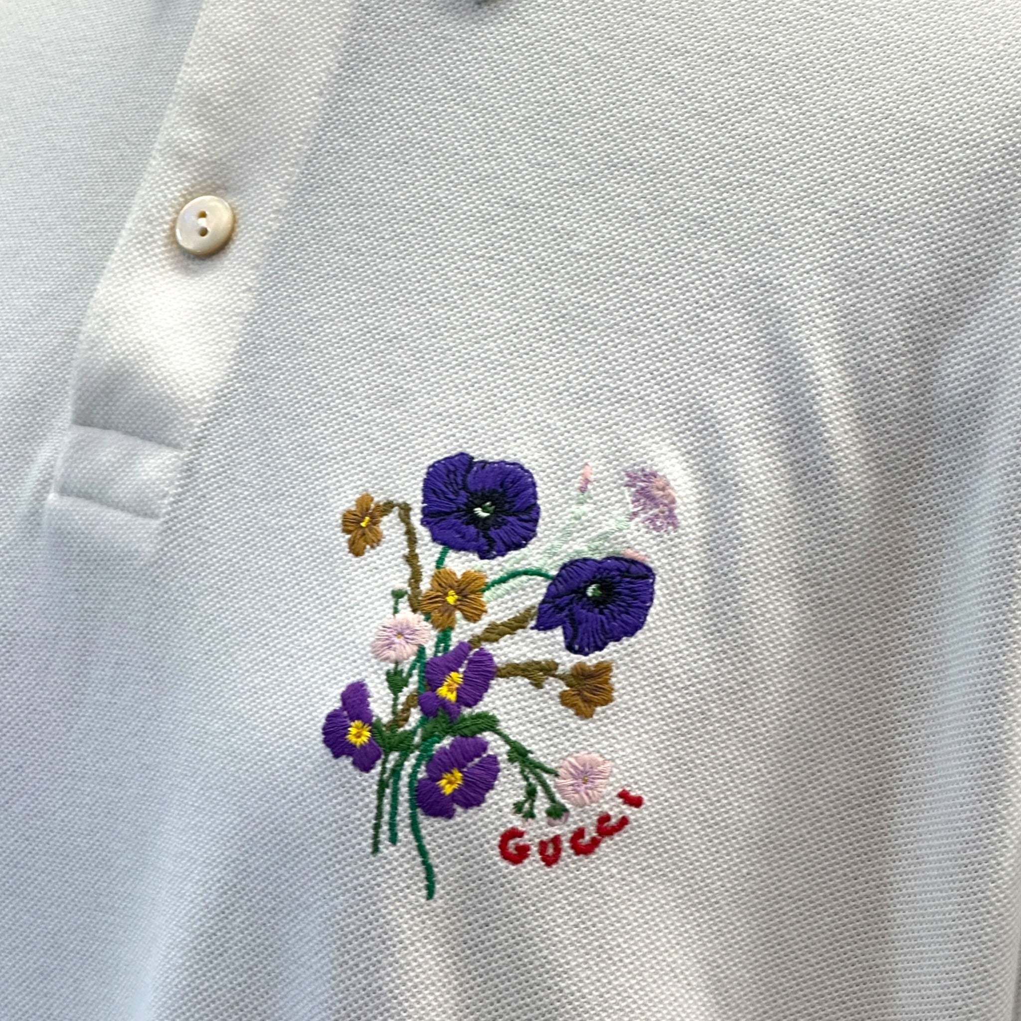 Gucci White Floral Embroidery Polo T-shirt Size : M
