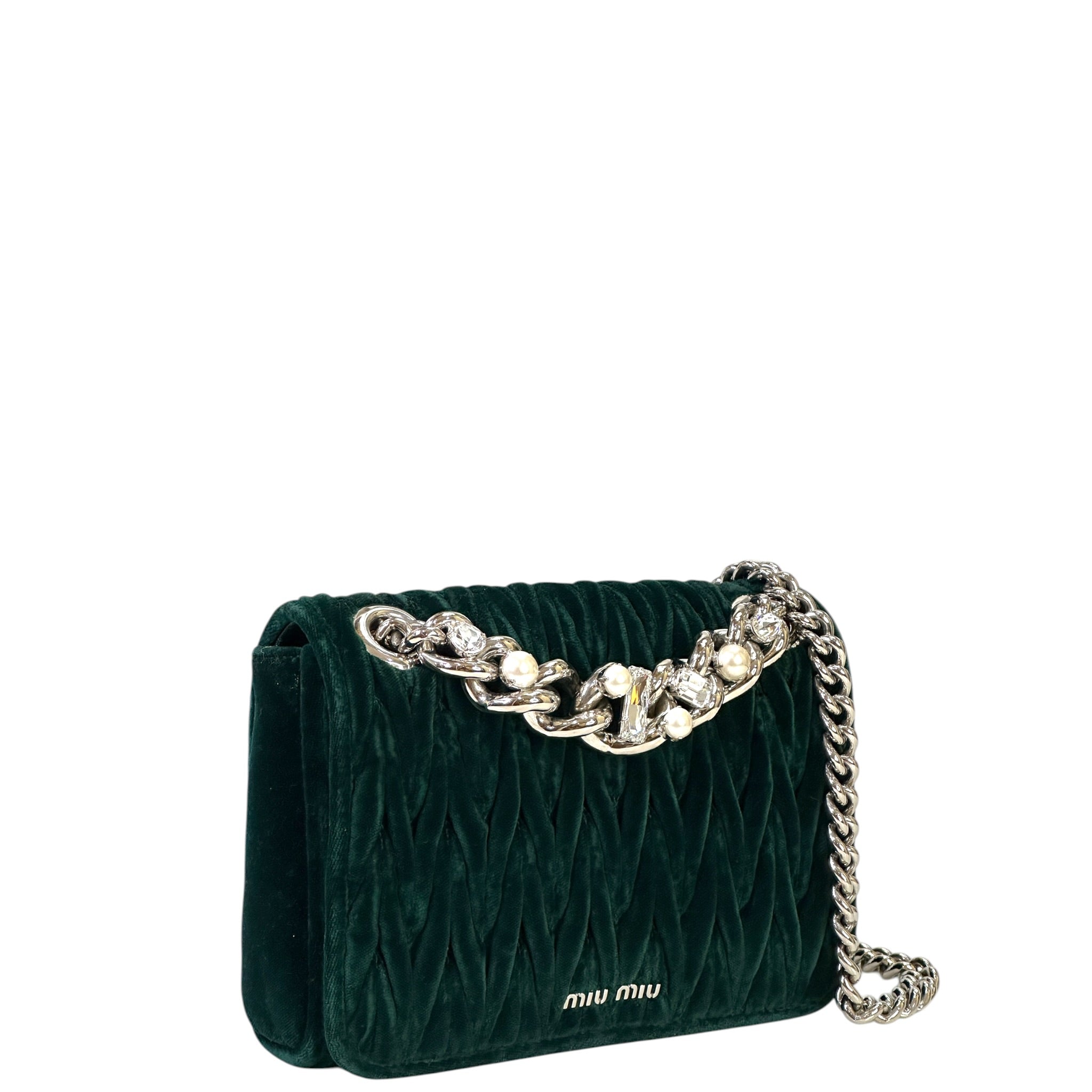 Miu Miu Club Shoulder Bag Small Green Velvet Matelassé