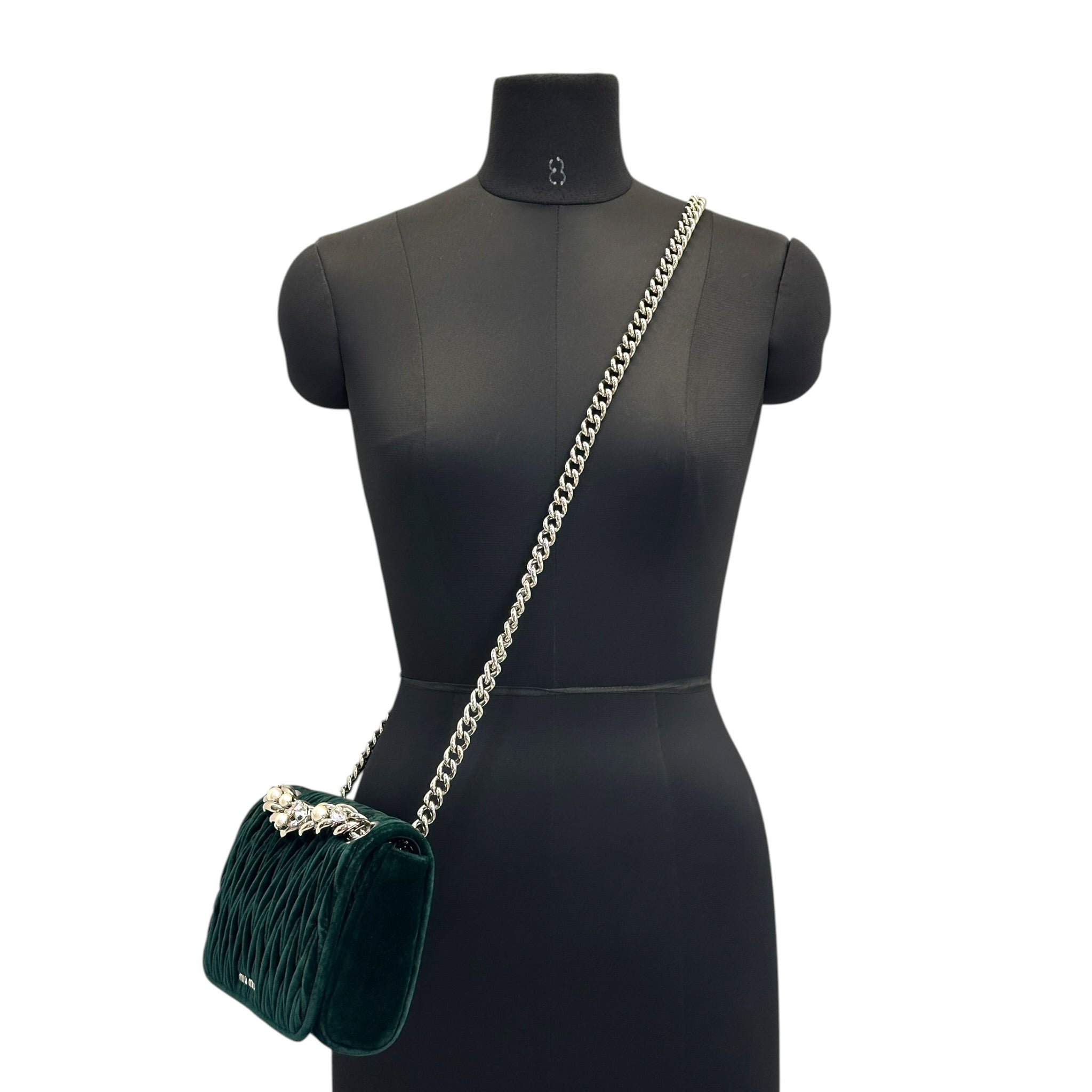 Miu Miu Club Shoulder Bag Small Green Velvet Matelassé