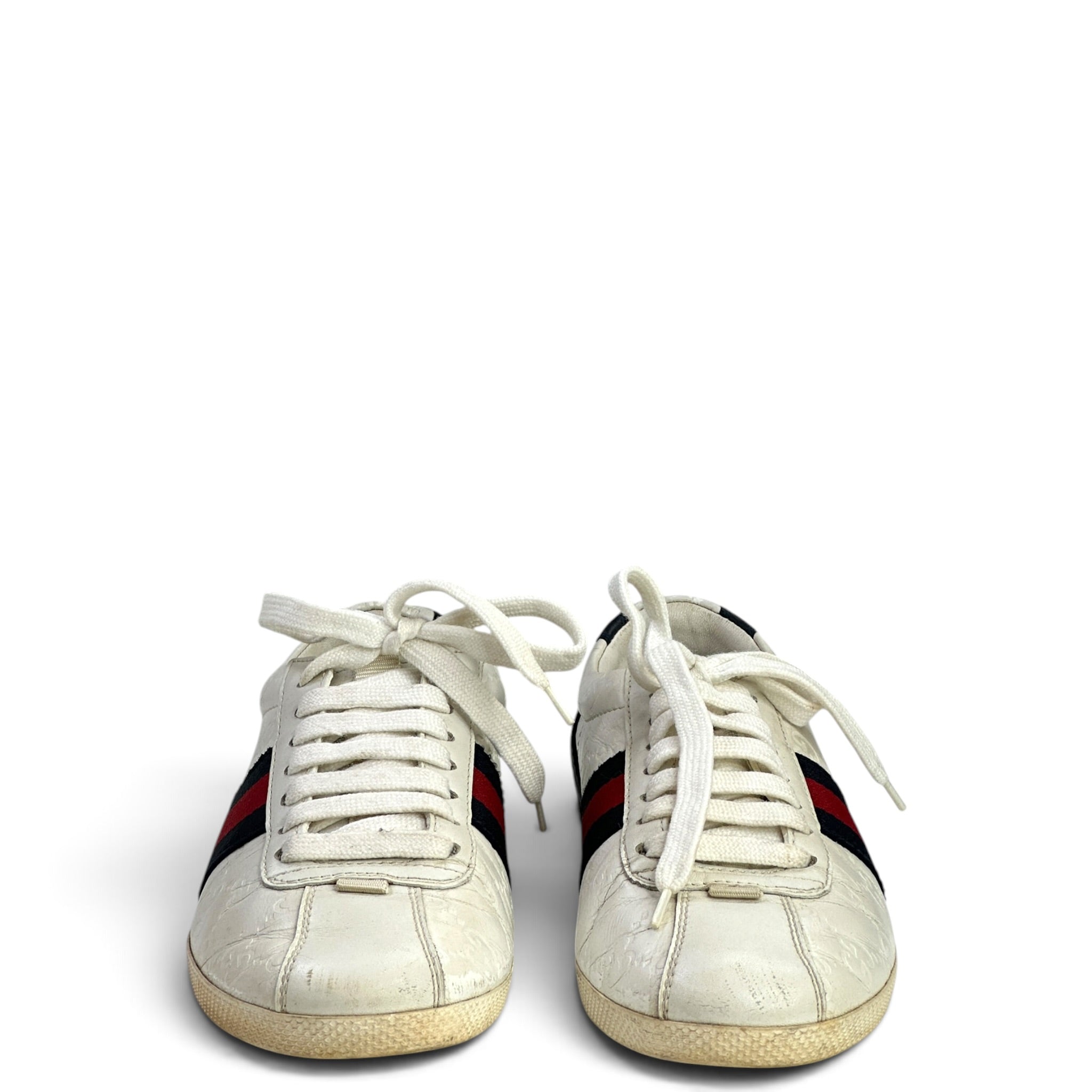 Gucci White Leather Web Detail Ace Low Top Sneakers
