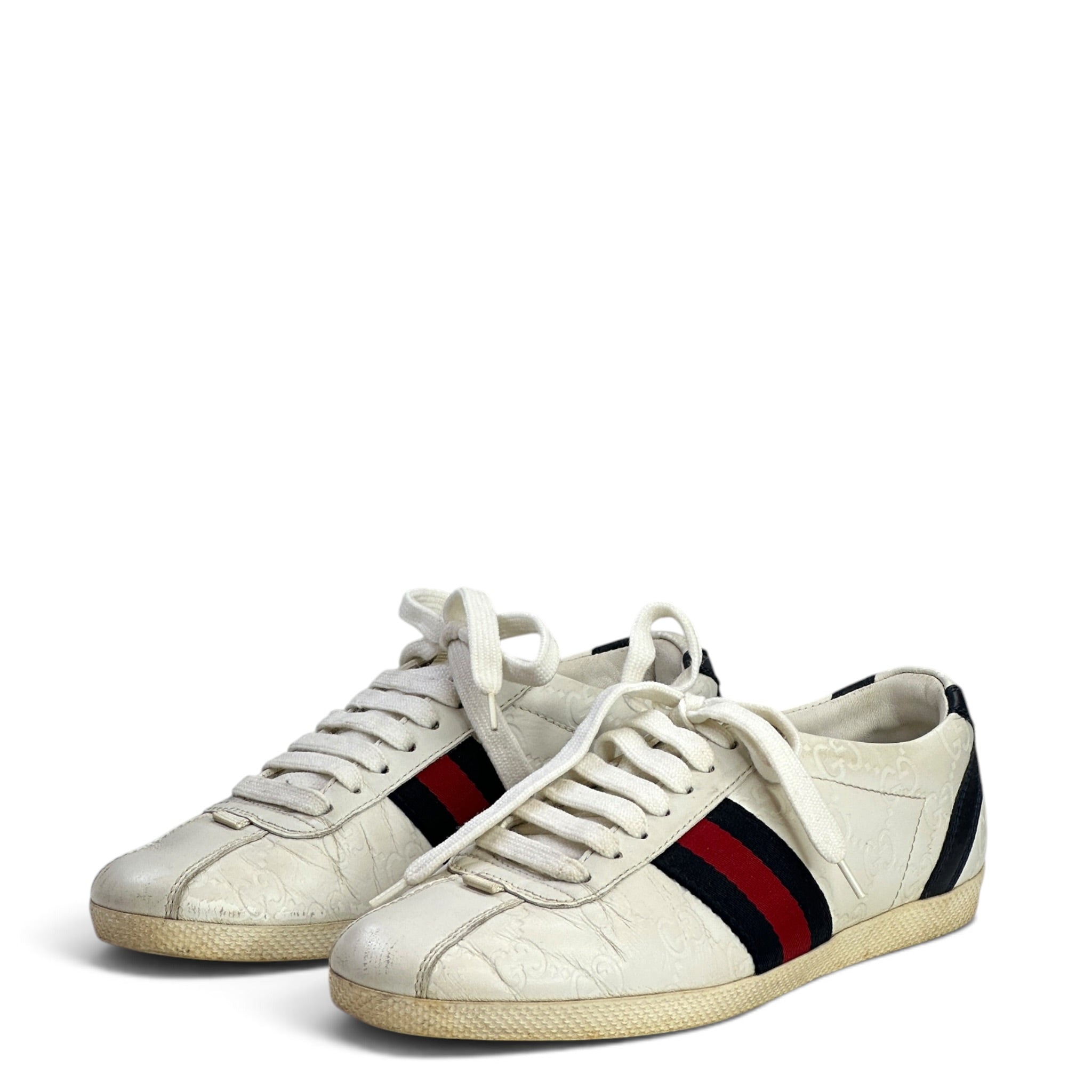 Gucci White Leather Web Detail Ace Low Top Sneakers