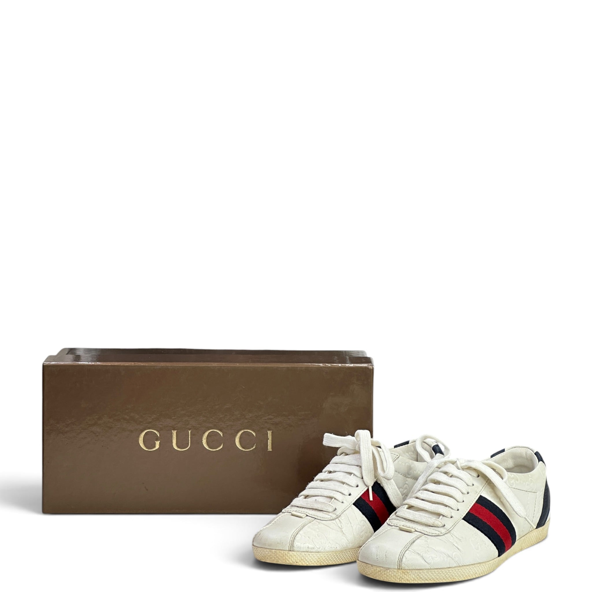 Gucci White Leather Web Detail Ace Low Top Sneakers