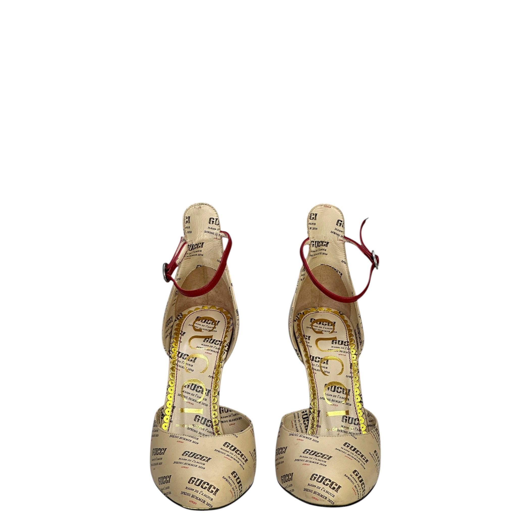 Gucci Daisy Ankle Strap D'orsay Pumps Beige/Red Printed Leather EU 36.5