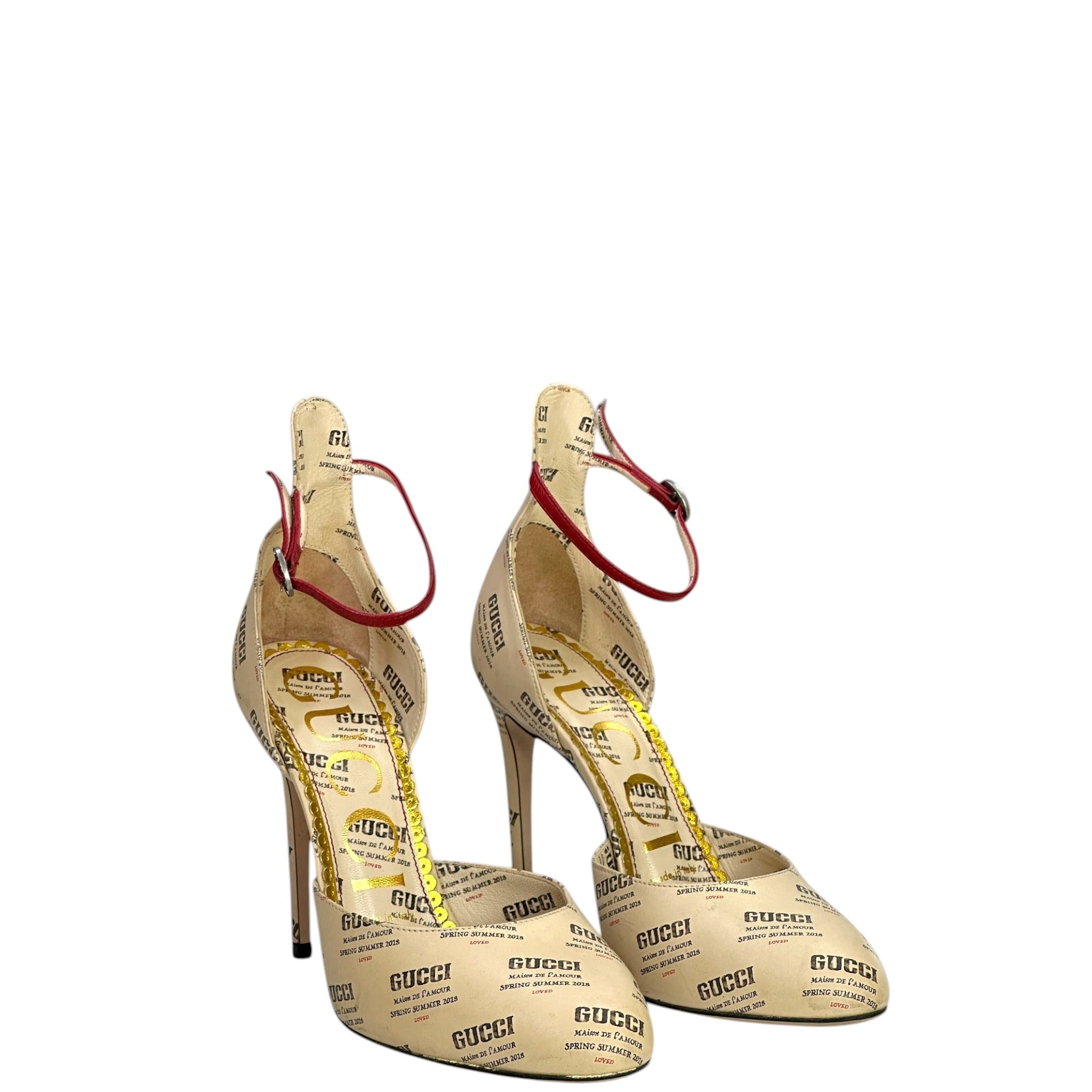 Gucci Daisy Ankle Strap D'orsay Pumps Beige/Red Printed Leather EU 36.5