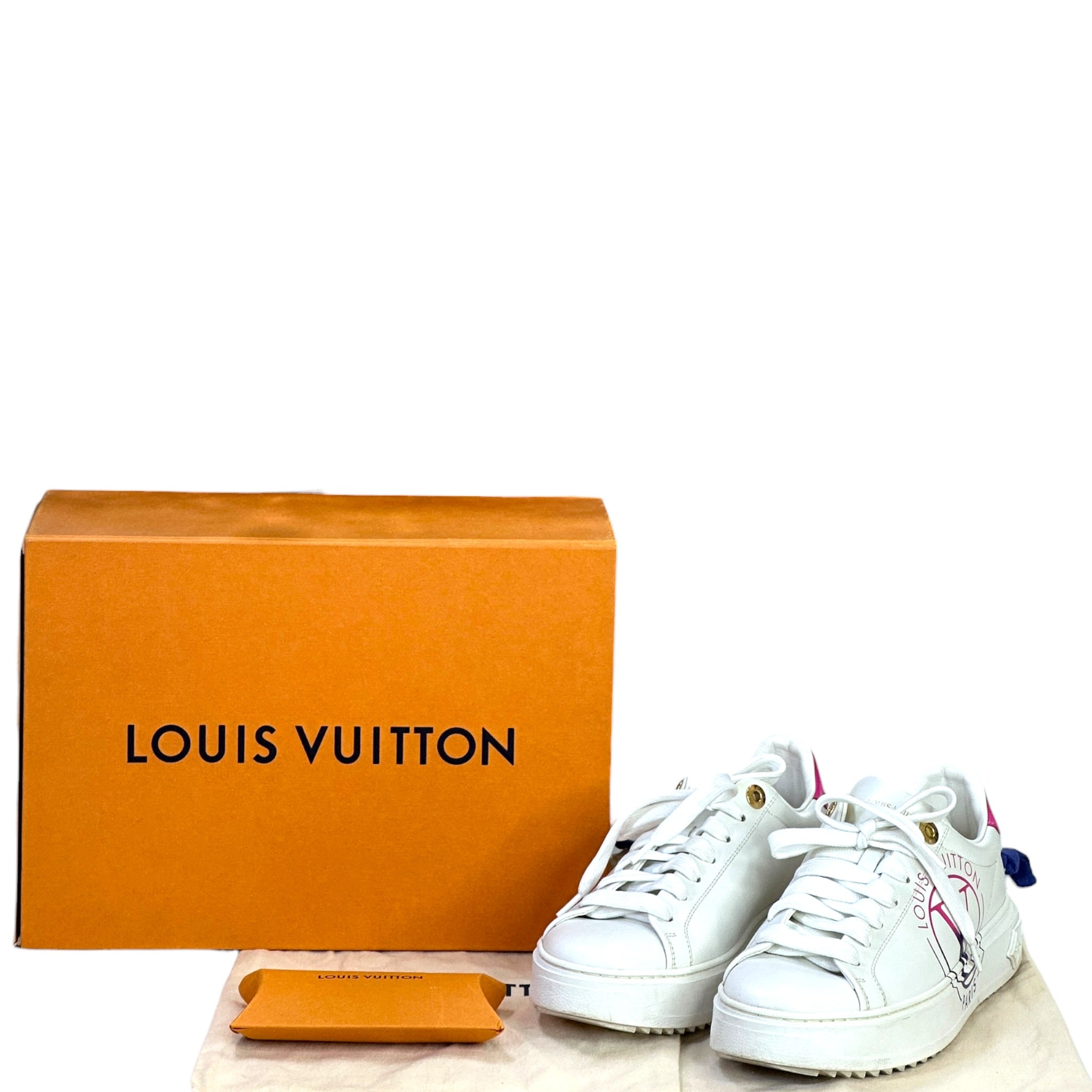 Louis Vuitton Time Out Sneakers White Calf Leather Fuchsia Pink Heel Size 37
