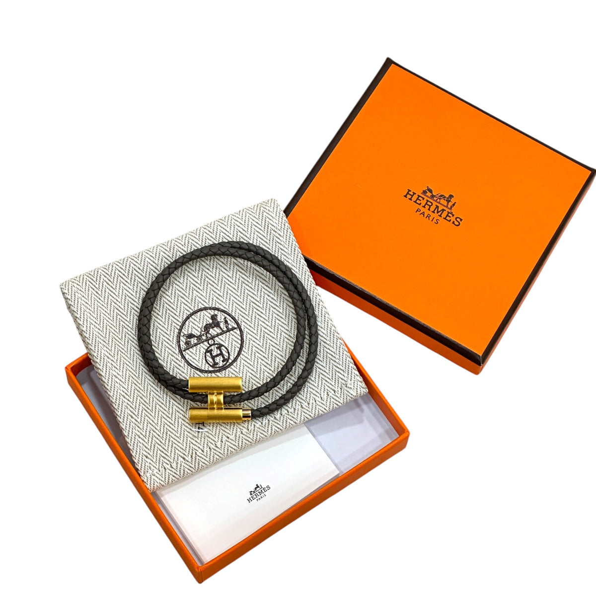 Hermes Tornis Tresse Grey Leather Bracelet