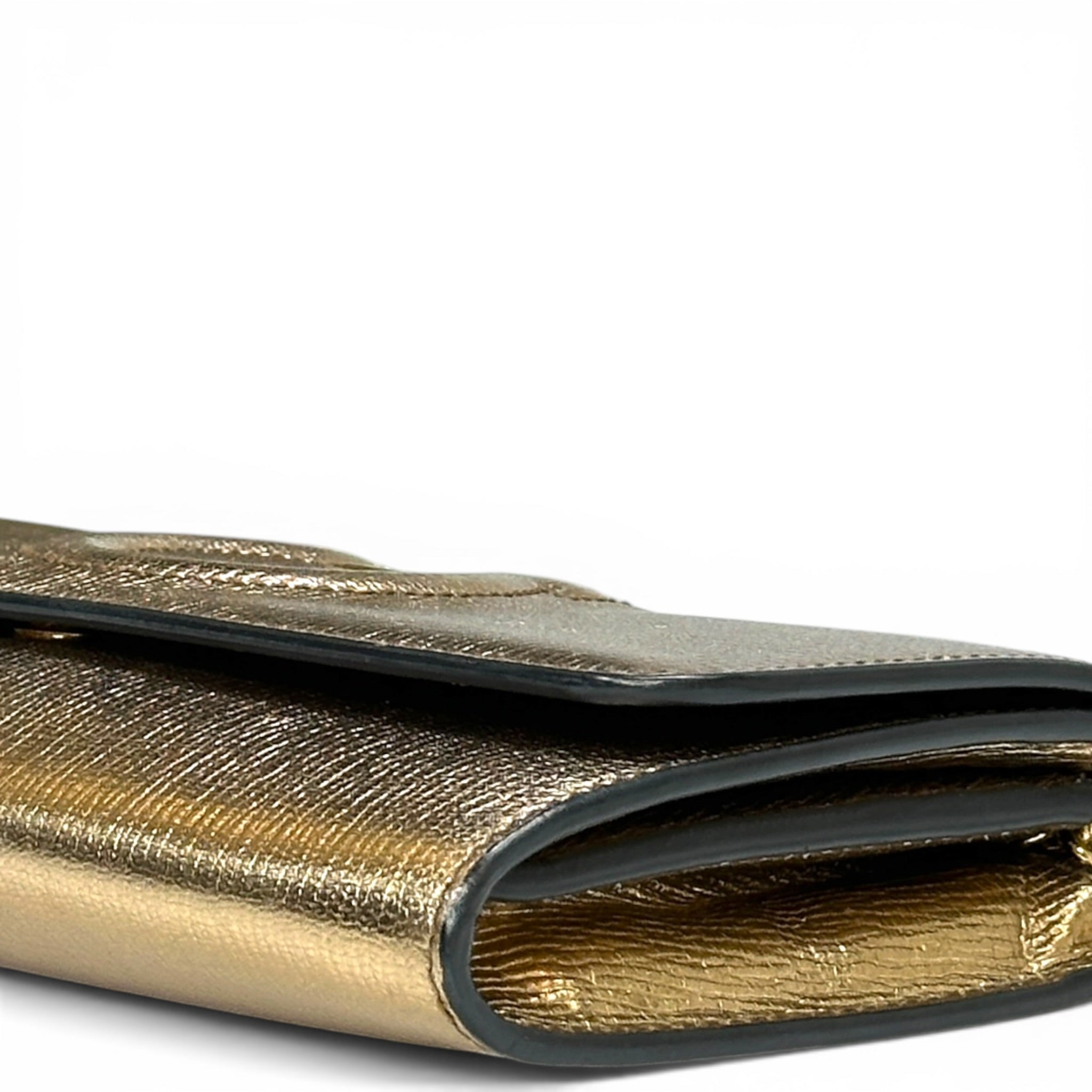 Salvatore Ferragamo Gancini City Wallet On Chain Gold Textured Leather