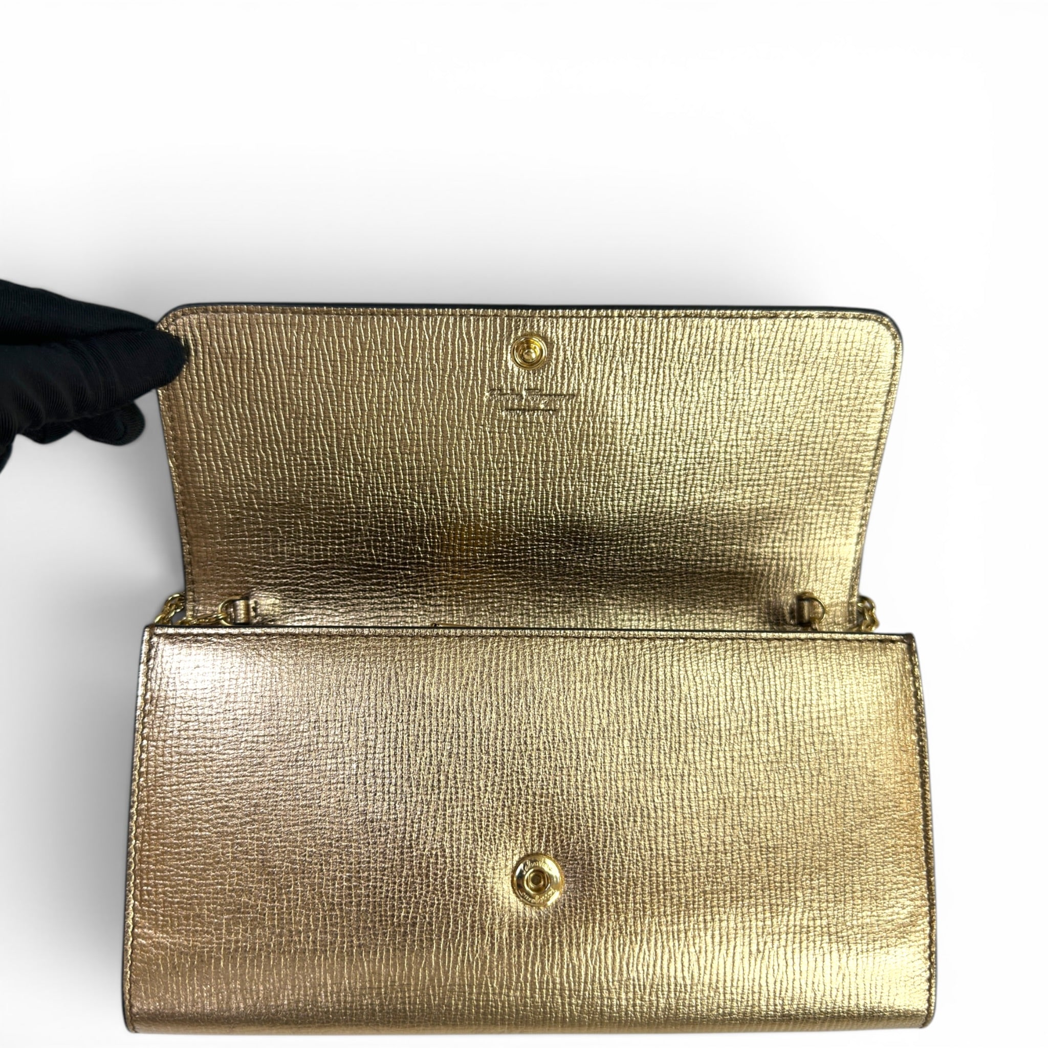 Salvatore Ferragamo Gancini City Wallet On Chain Gold Textured Leather