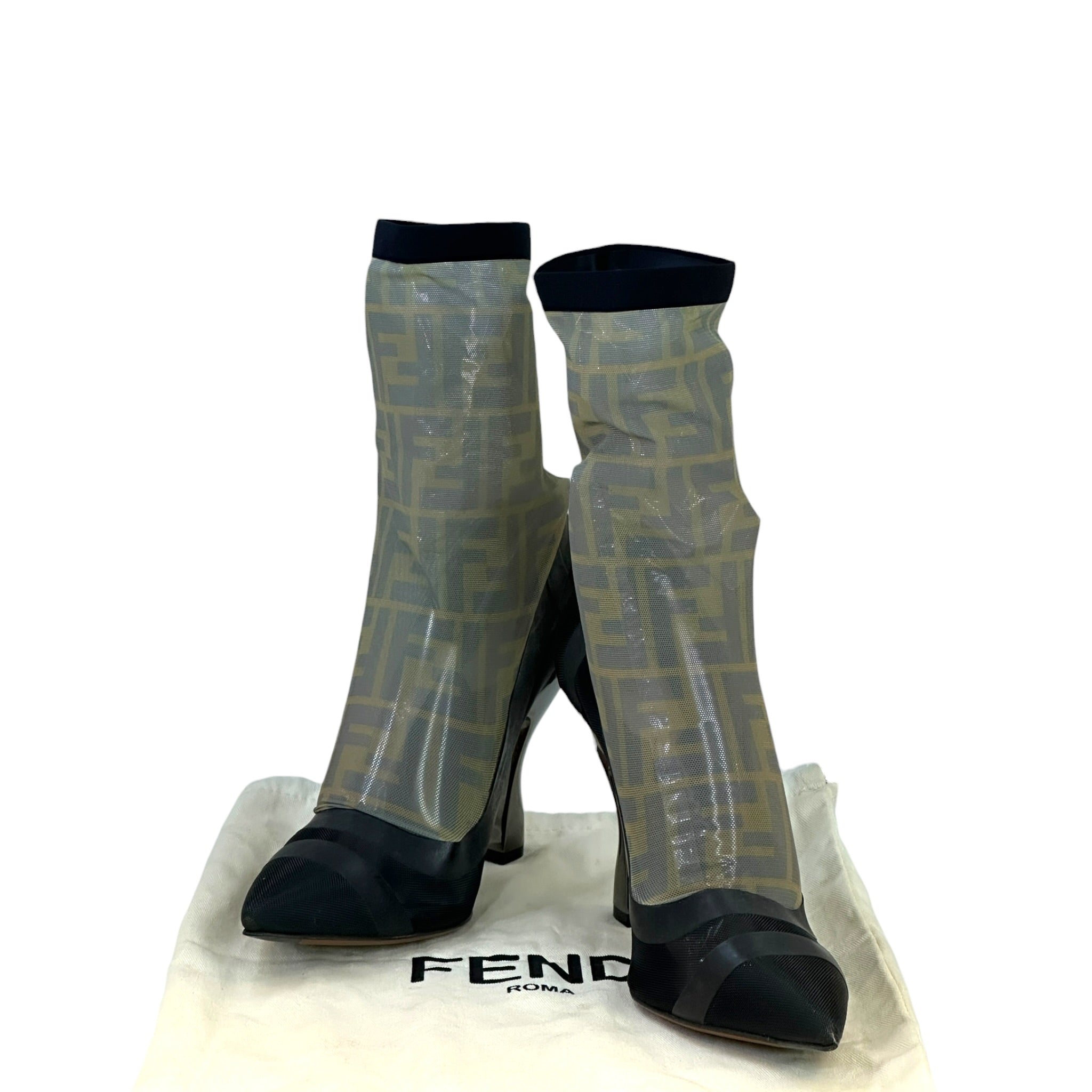 Fendi Colibri Knee-High Boots Black Zucca Pattern Mesh EU 37.5