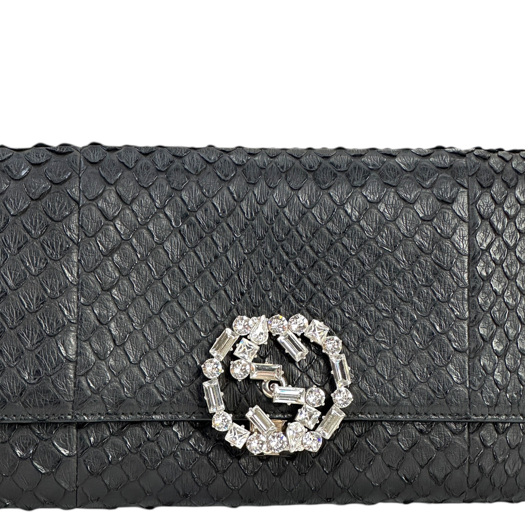 Gucci Broadway Evening Clutch Interlocking G Crystal Black Python Leather
