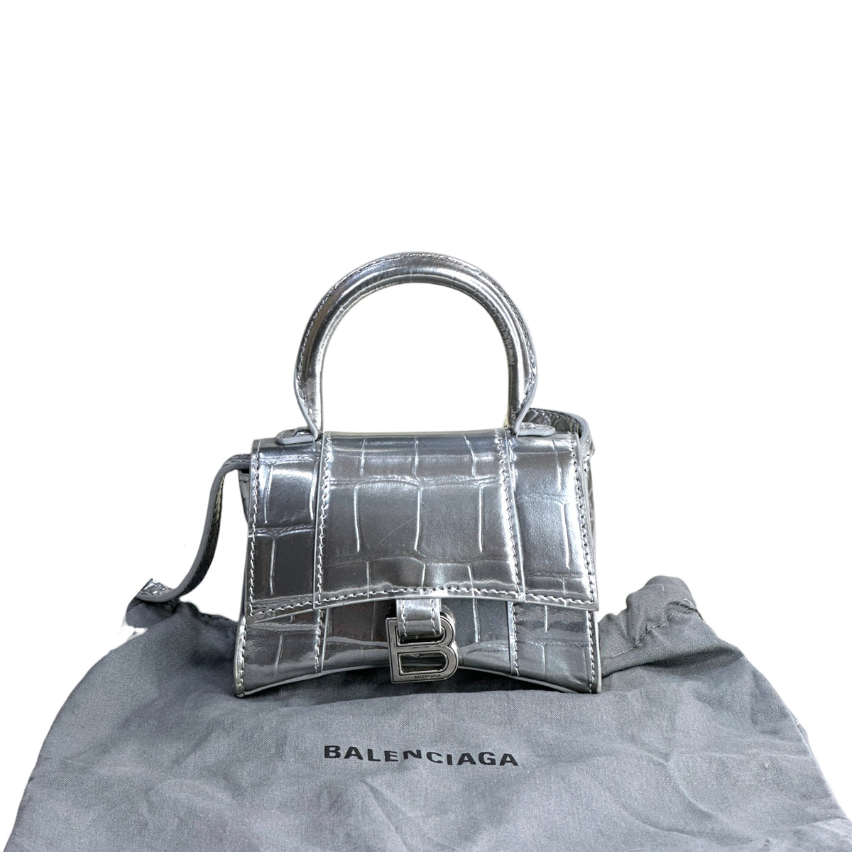 Balenciaga Mettalic Silver Crocodile Embossed Hourglass Mini Shoulder Bag