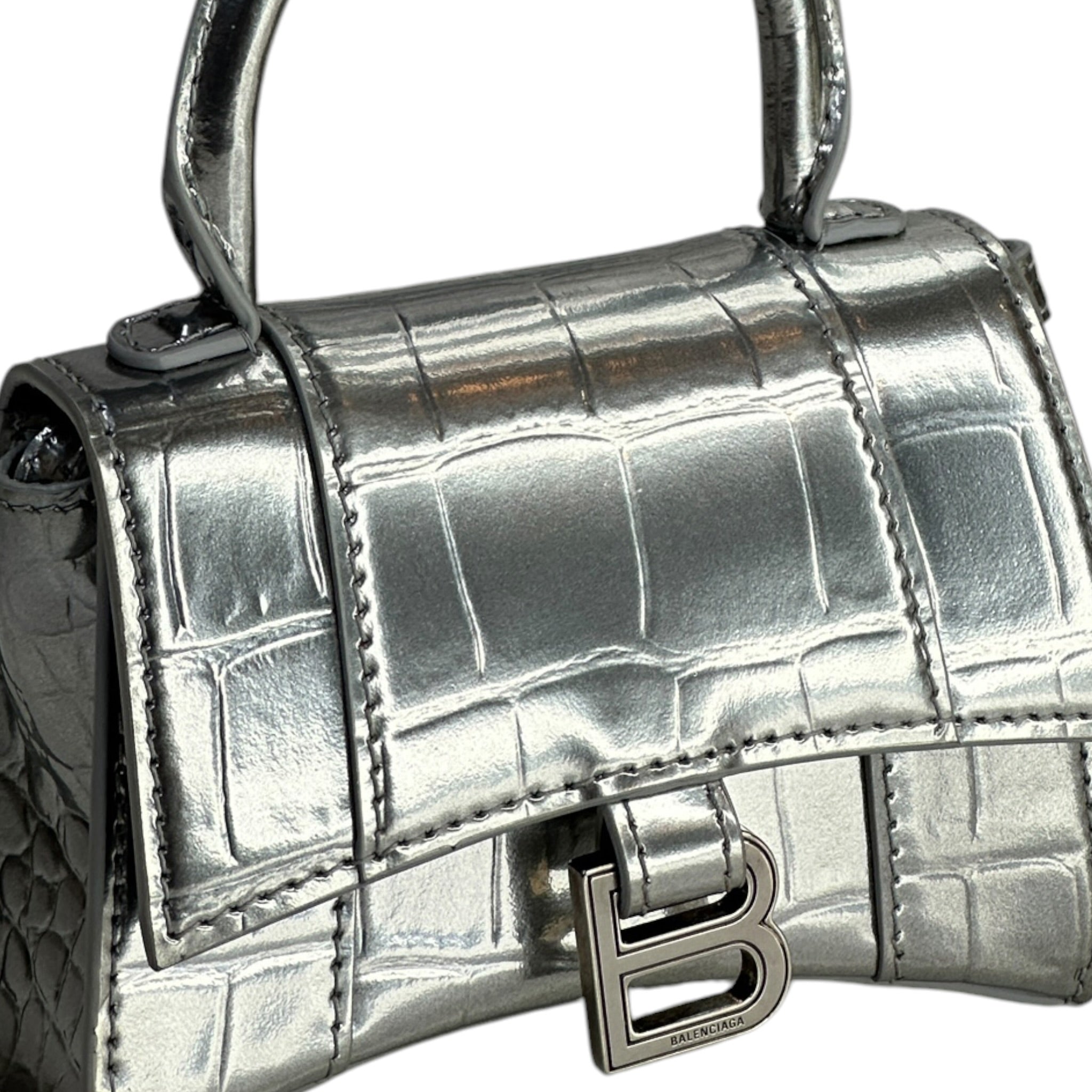Balenciaga Mettalic Silver Crocodile Embossed Hourglass Mini Shoulder Bag