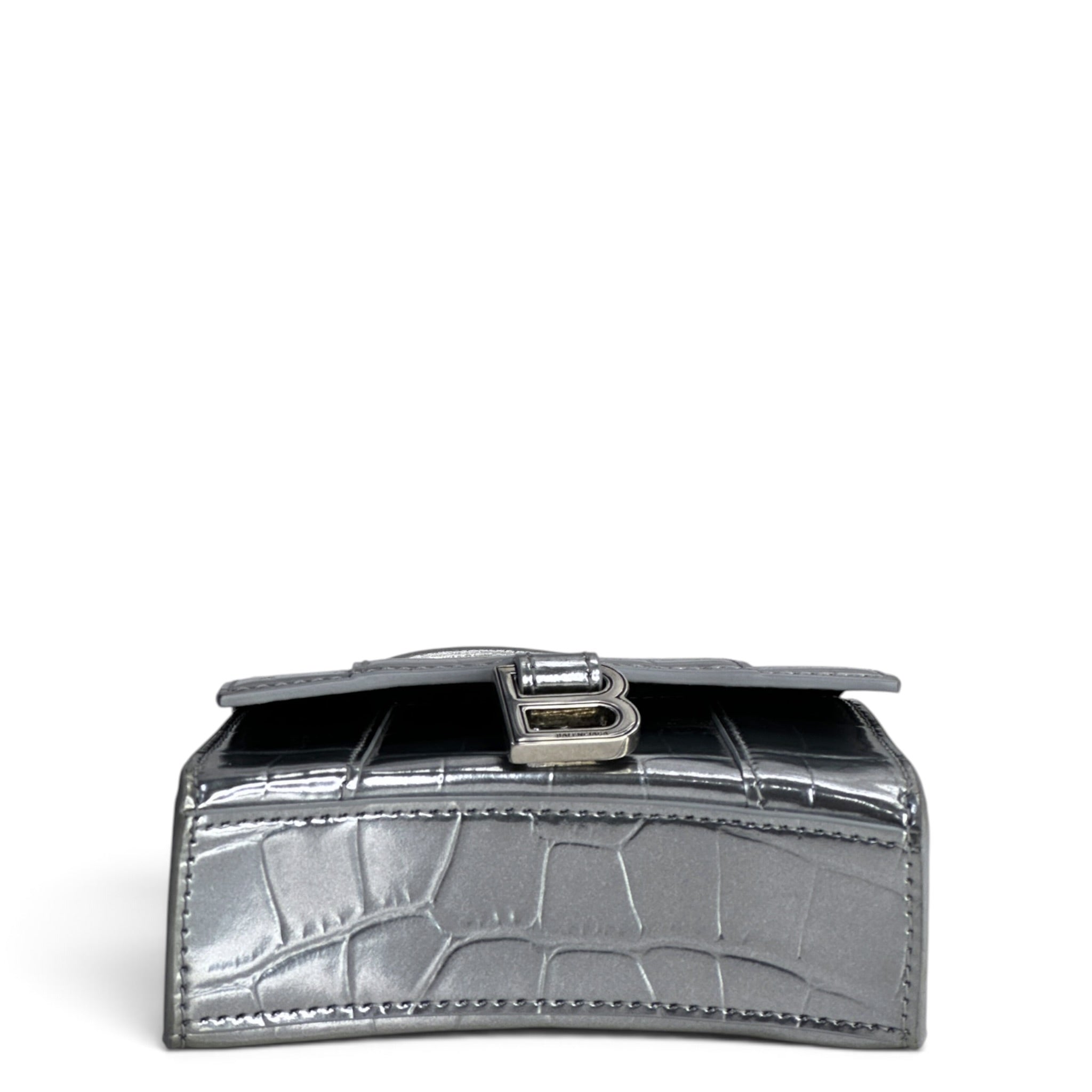 Balenciaga Mettalic Silver Crocodile Embossed Hourglass Mini Shoulder Bag