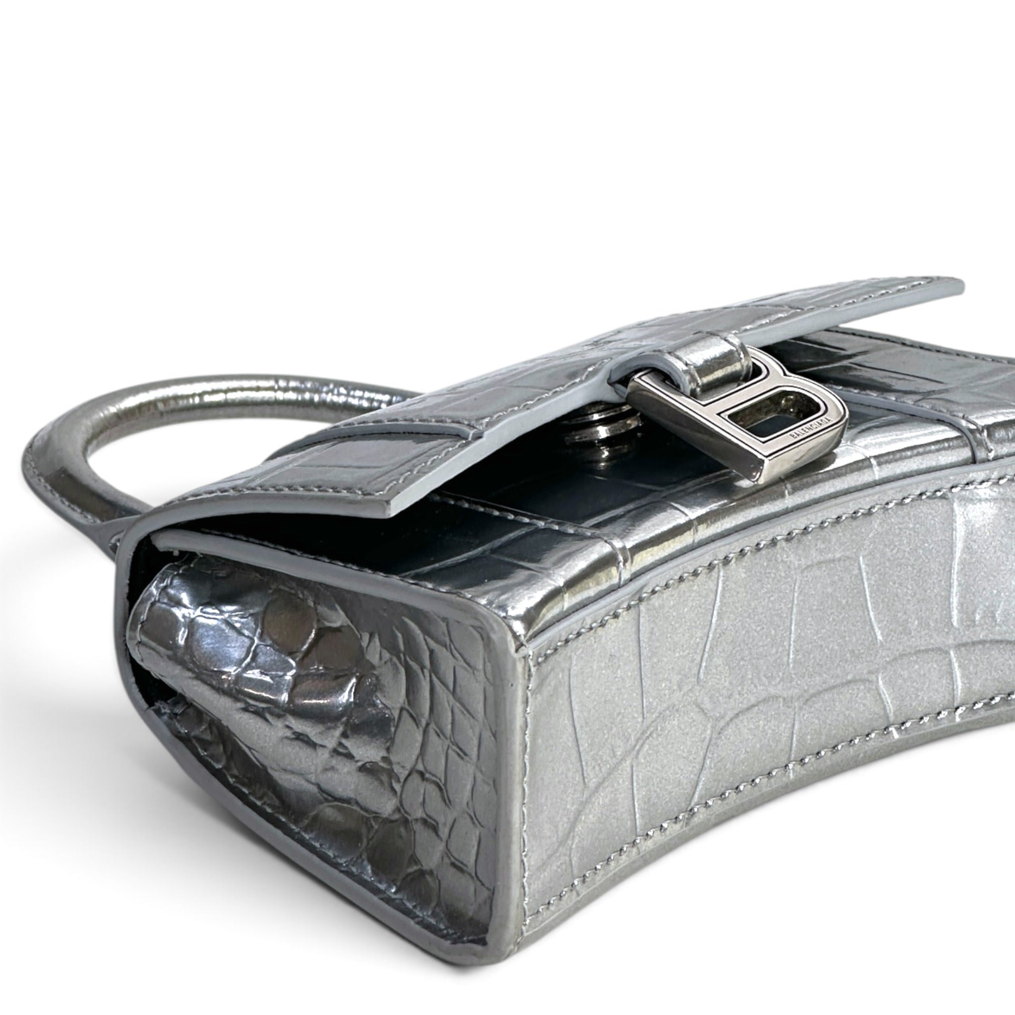 Balenciaga Mettalic Silver Crocodile Embossed Hourglass Mini Shoulder Bag