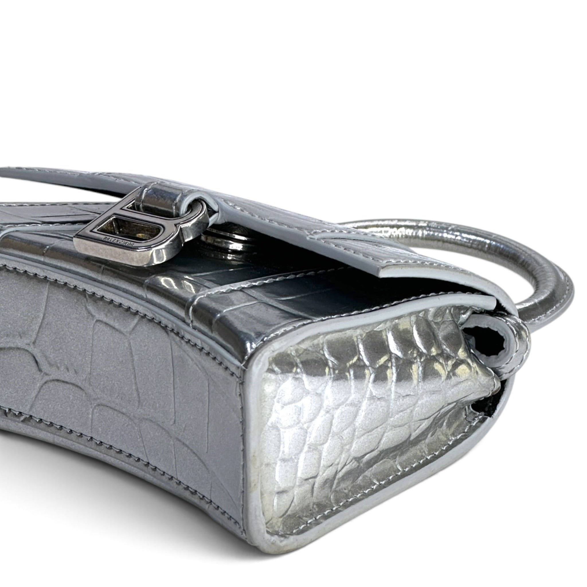 Balenciaga Mettalic Silver Crocodile Embossed Hourglass Mini Shoulder Bag