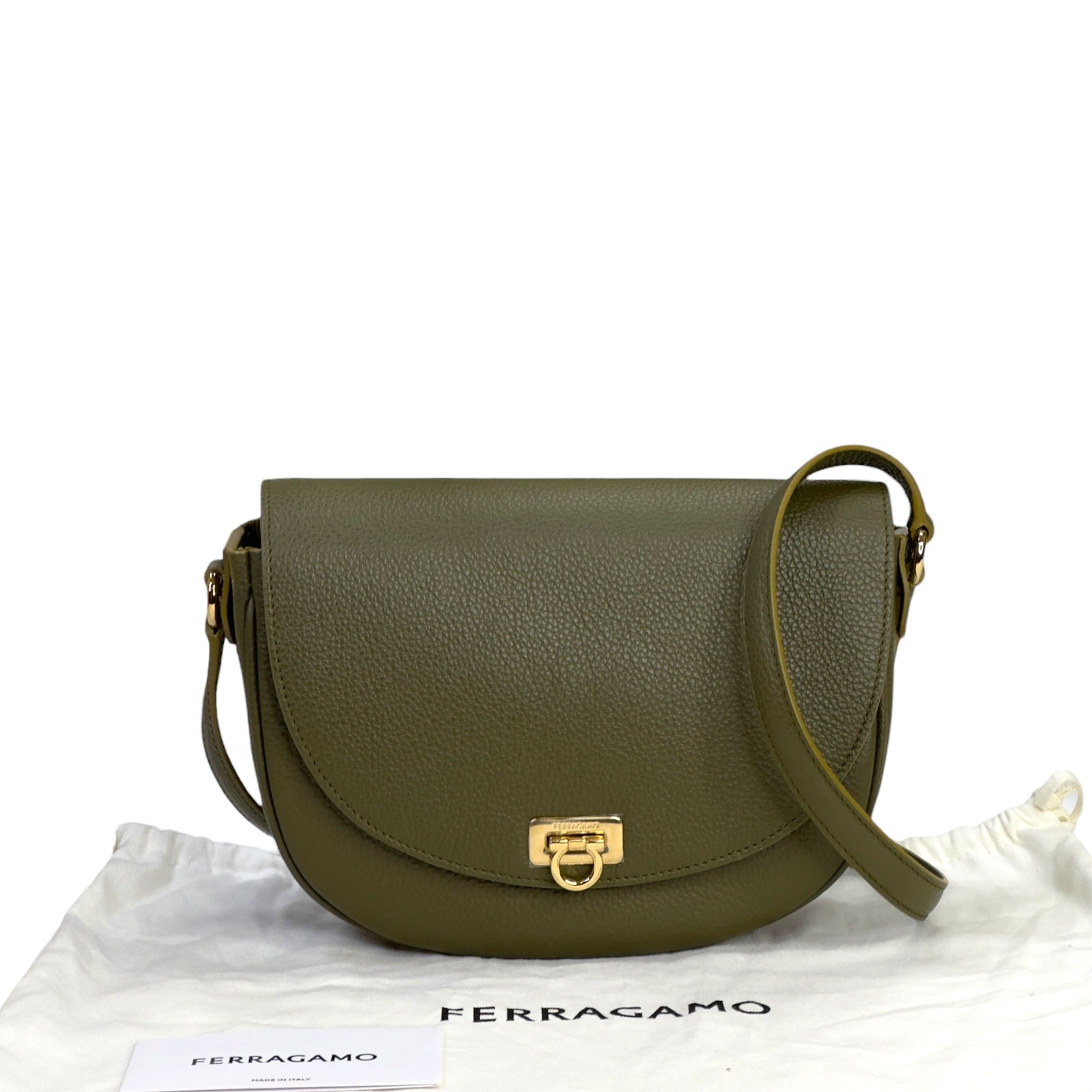 Salvatore Ferragamo Gancini Buckle Crossbody Bag Olive Green Pebbled Calfskin