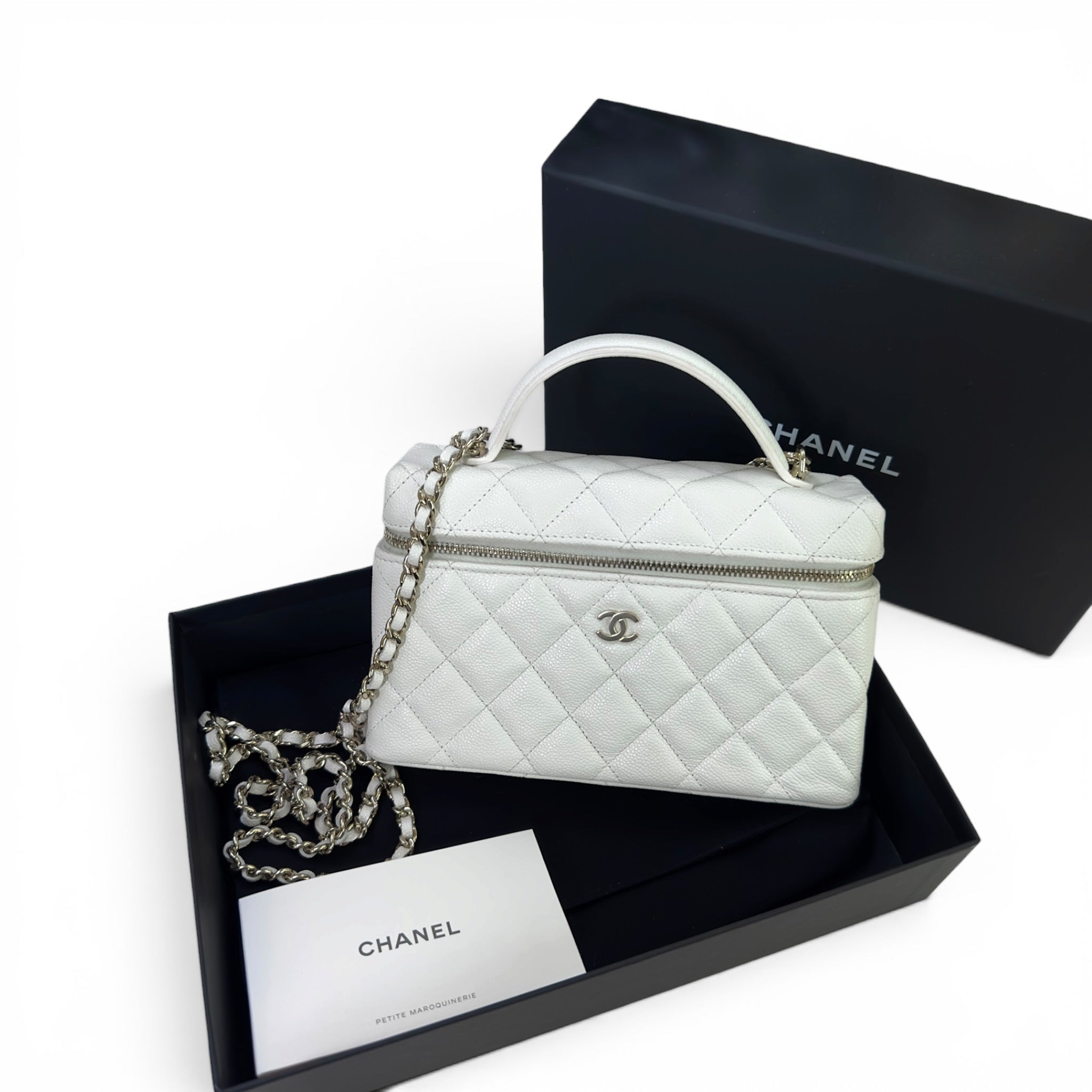 Chanel Vanity Case White Quilted Caviar Leather