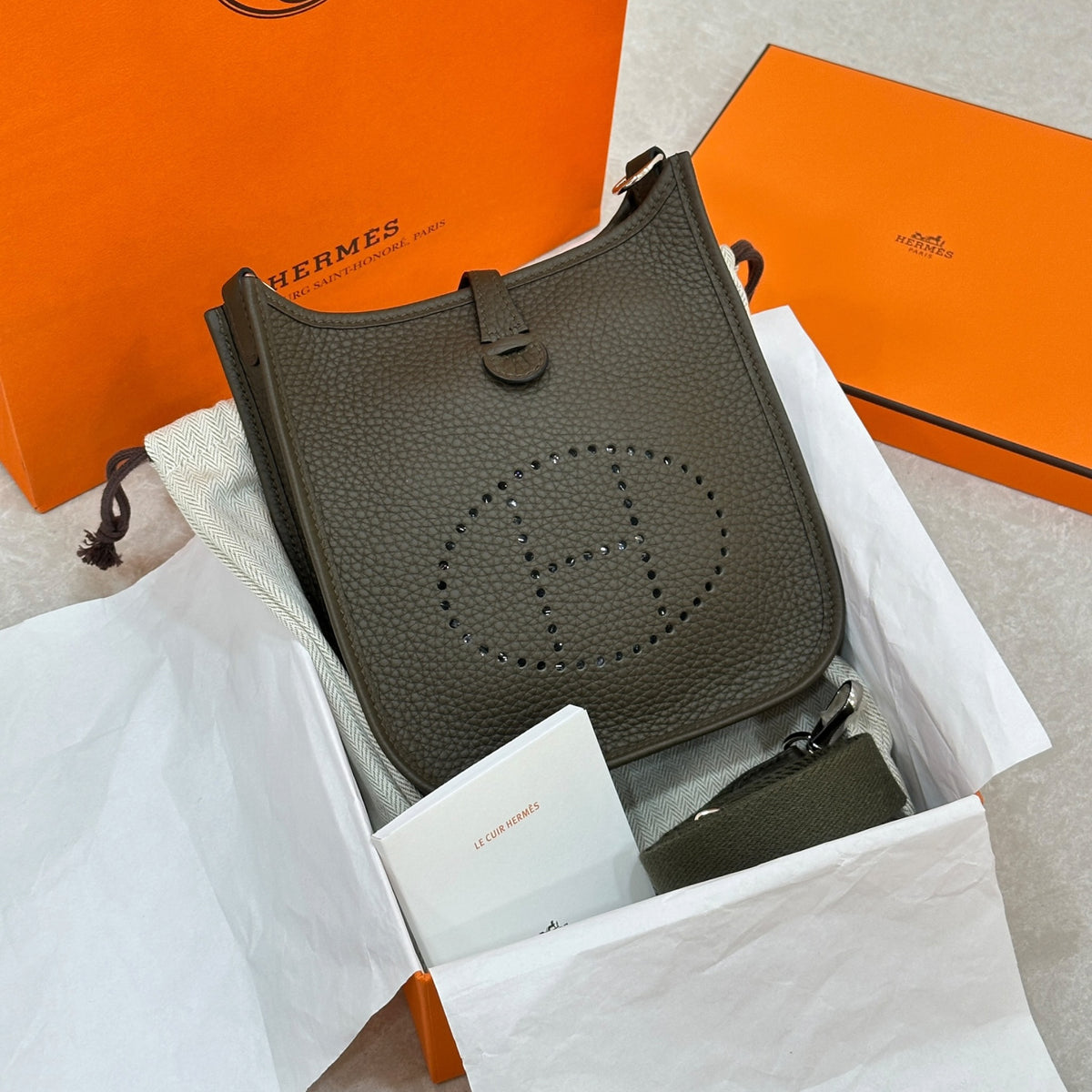 Hermes Evelyne Mini TPM Gray-Brown Leather Crossbody Bag