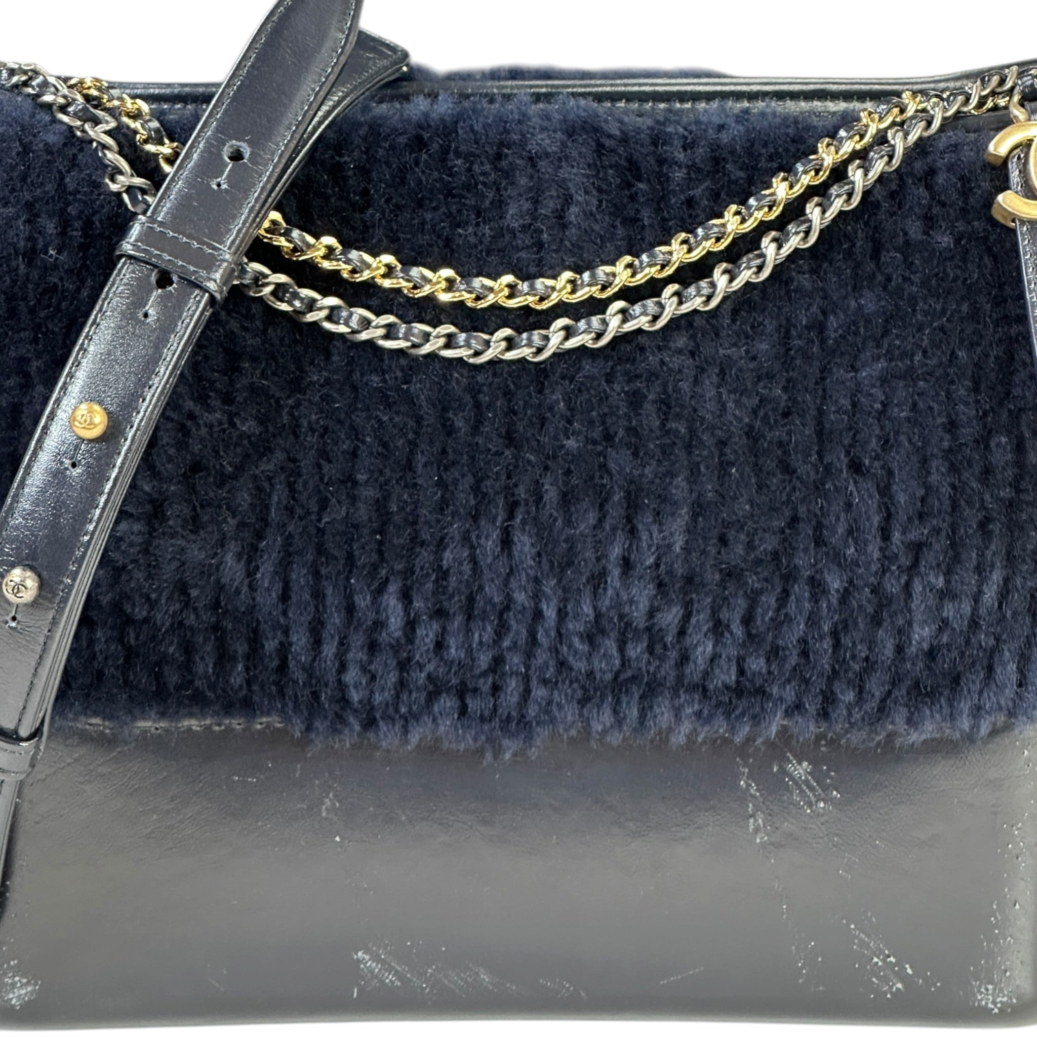 Chanel Gabrielle Shearling Hobo Bag Navy Blue Fur Leather