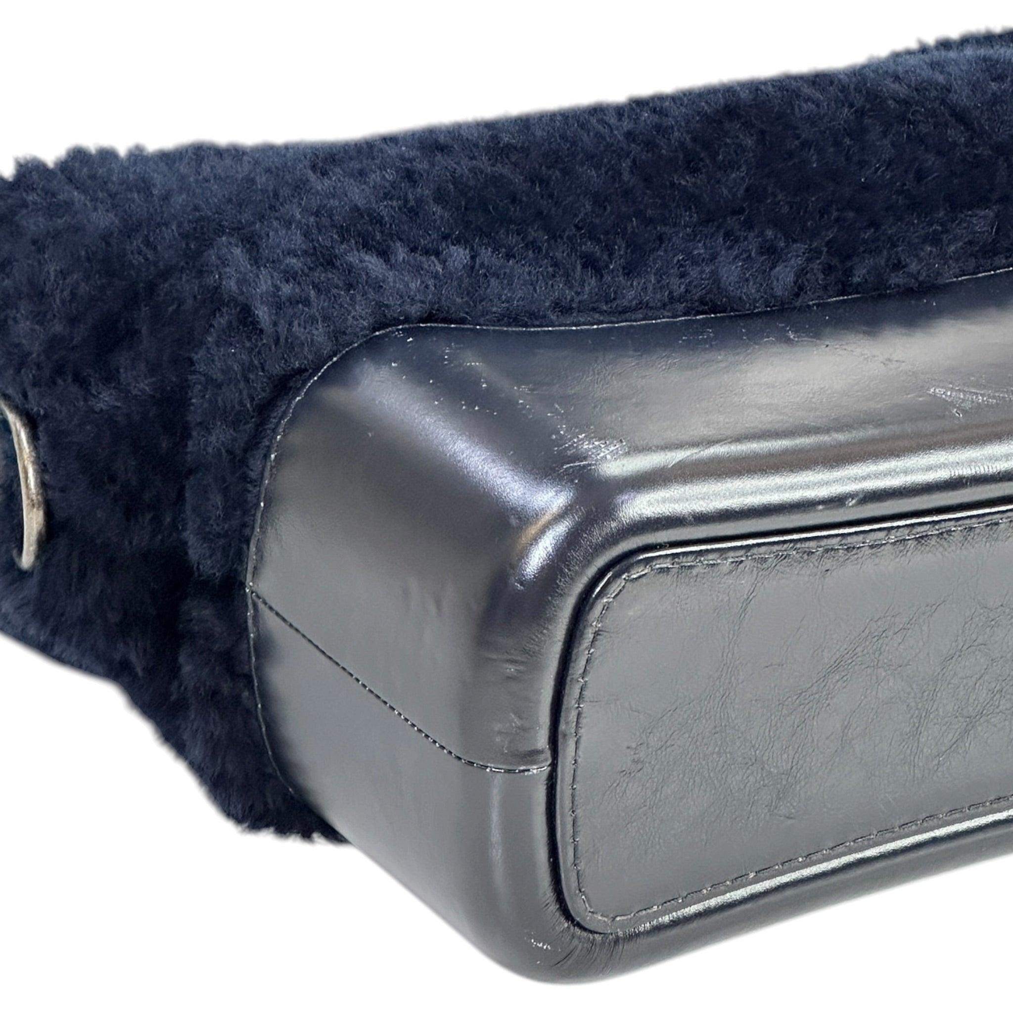 Chanel Gabrielle Shearling Hobo Bag Navy Blue Fur Leather