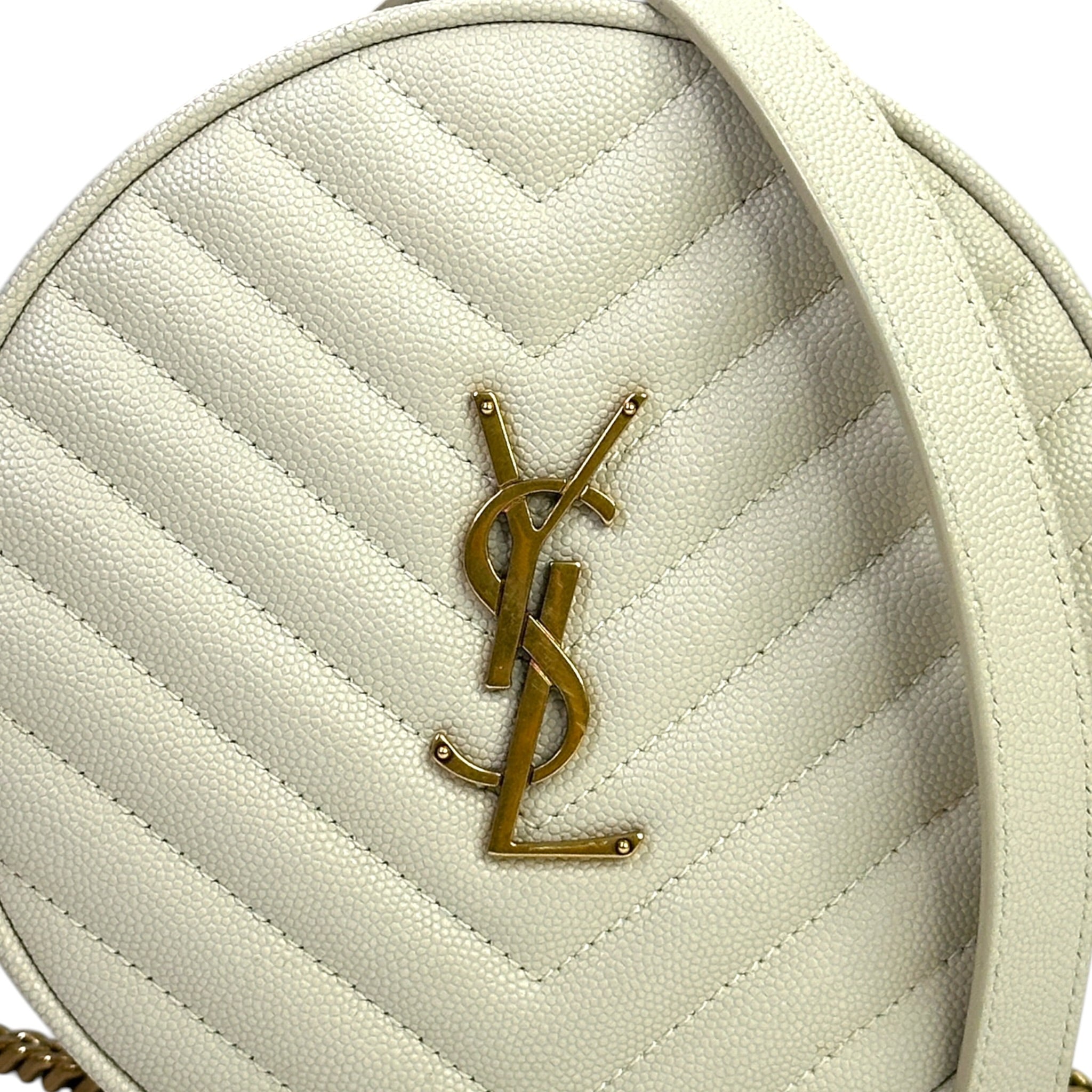 Saint Laurent Vinyle Round Camera Bag white chevron-quilted grain de poudre