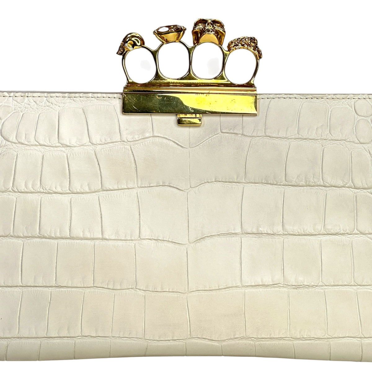 Alexander Mcqueen Ivory Crroc Embossed Leather Four Ring Kuncle Handle Clutch