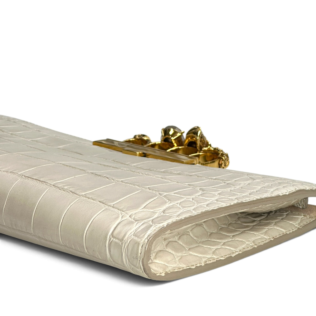 Alexander Mcqueen Ivory Crroc Embossed Leather Four Ring Kuncle Handle Clutch