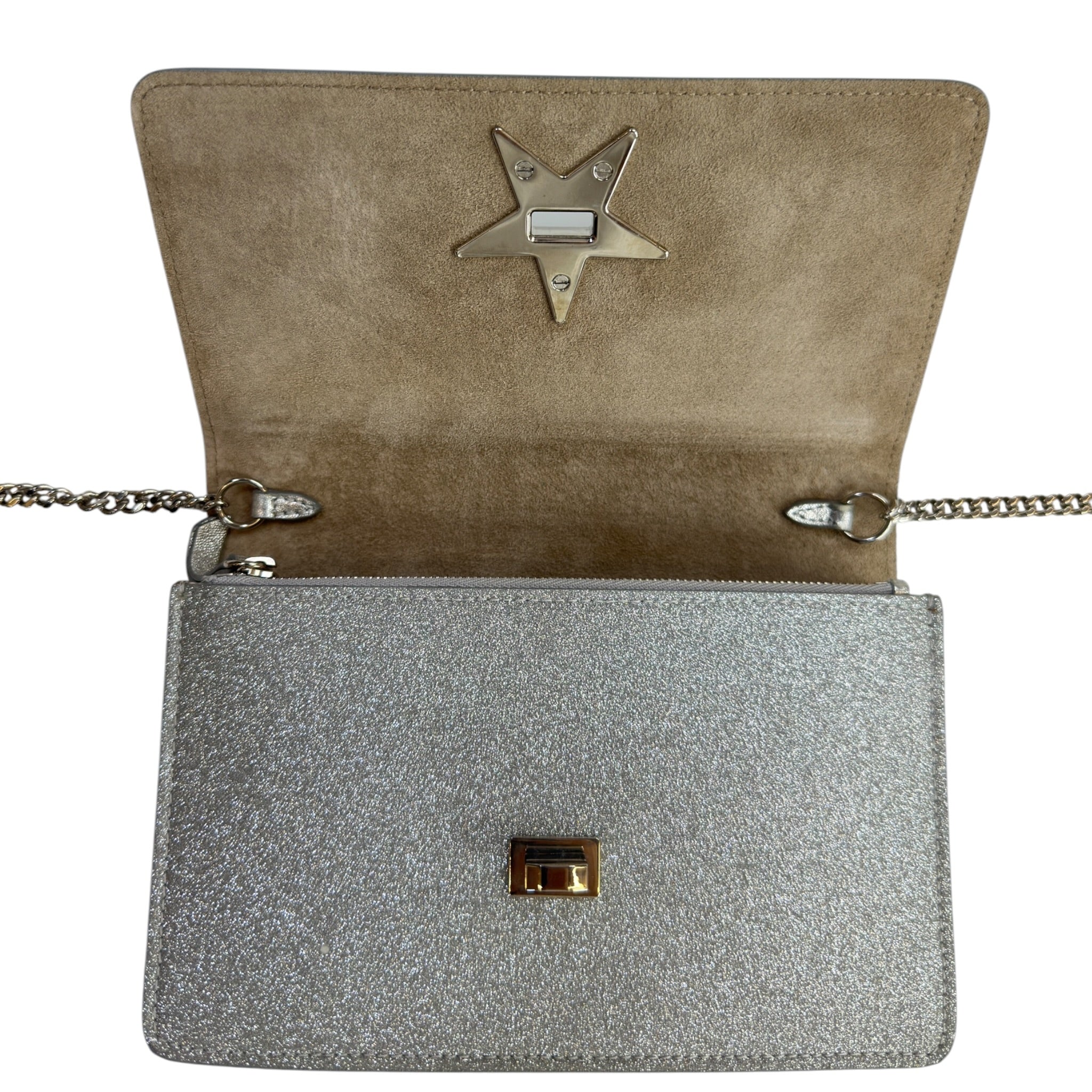Jimmy Choo Palace Star Lock Silver Glitter Crossbody Bag