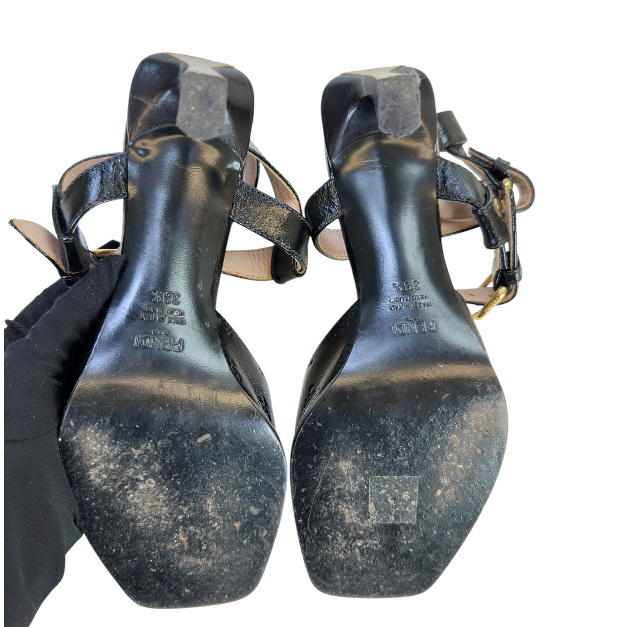 Fendi Karligraphy Ankle Strap Sandals Black Leather Size 38.5