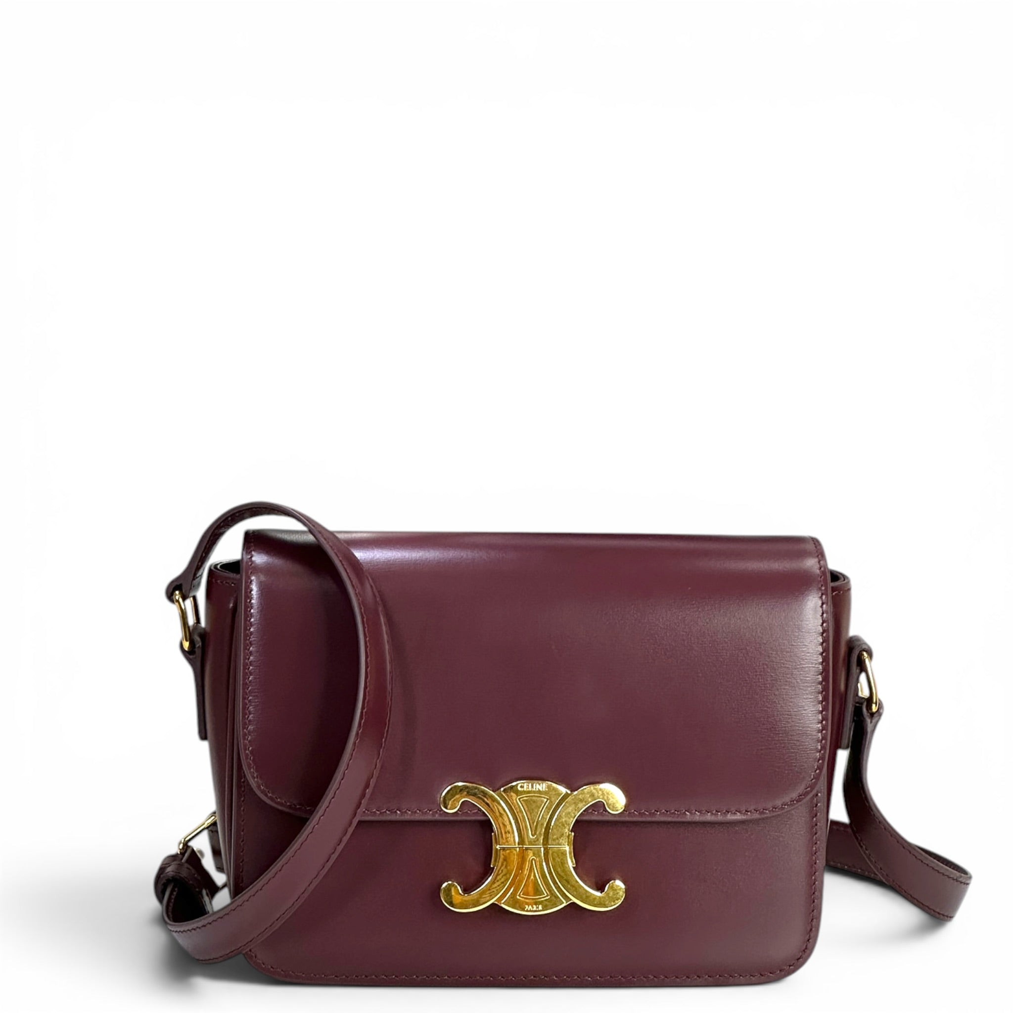 Celine Classique Triomphe Burgundy Calfskin Leather Bag