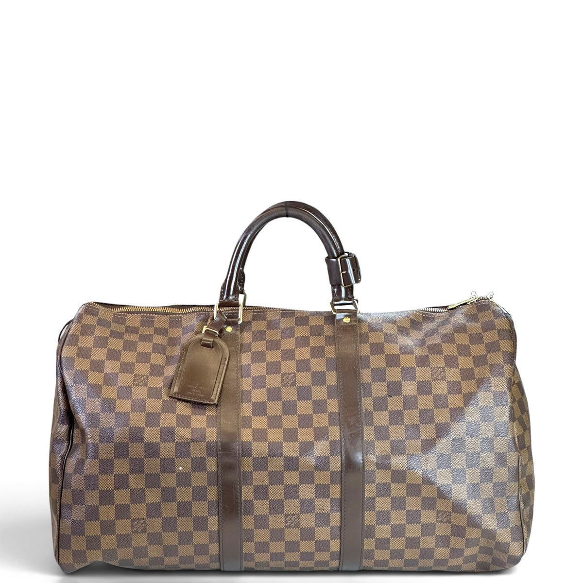 Louis Vuitton Damier Ebene Keepall 55 Brown Leather Travel Bag