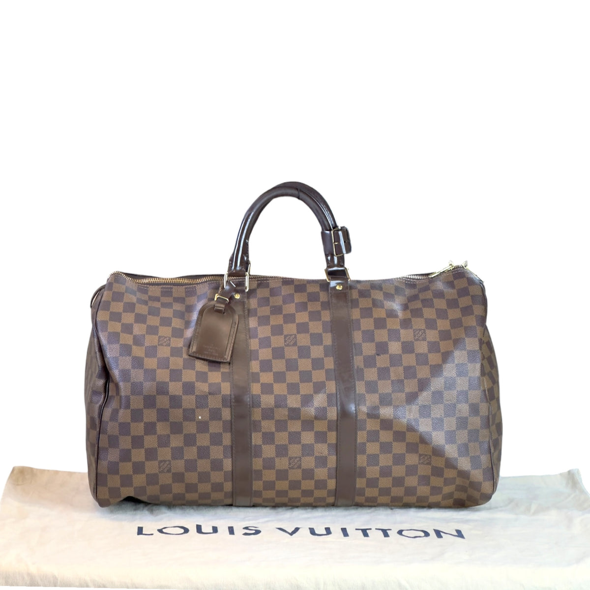 Louis Vuitton Damier Ebene Keepall 55 Brown Leather Travel Bag