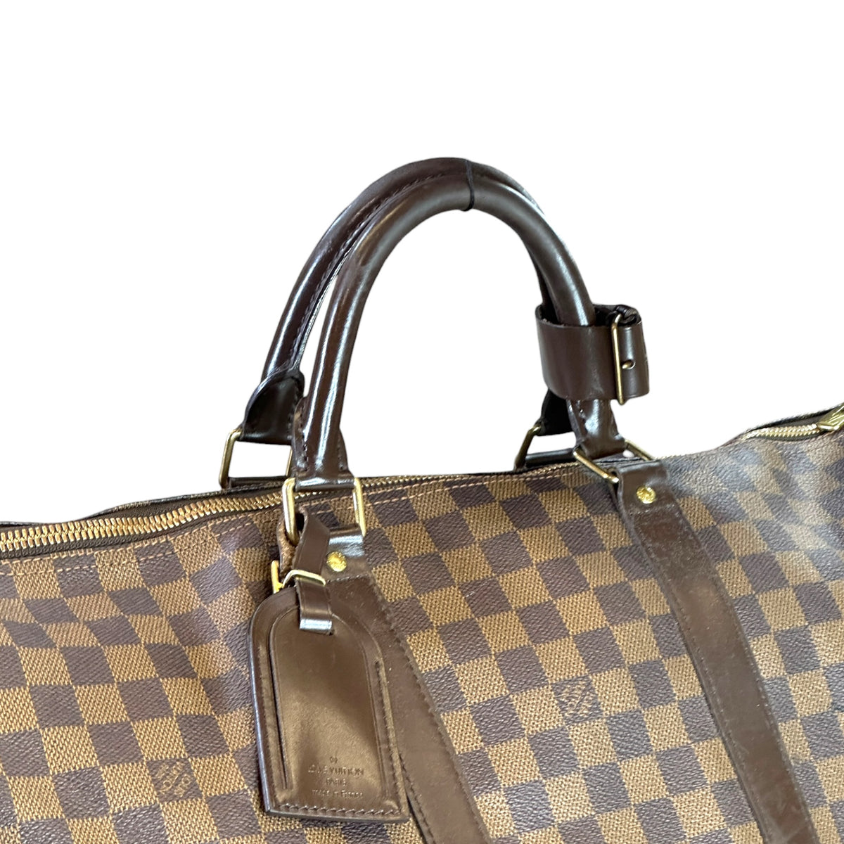 Louis Vuitton Damier Ebene Keepall 55 Brown Leather Travel Bag